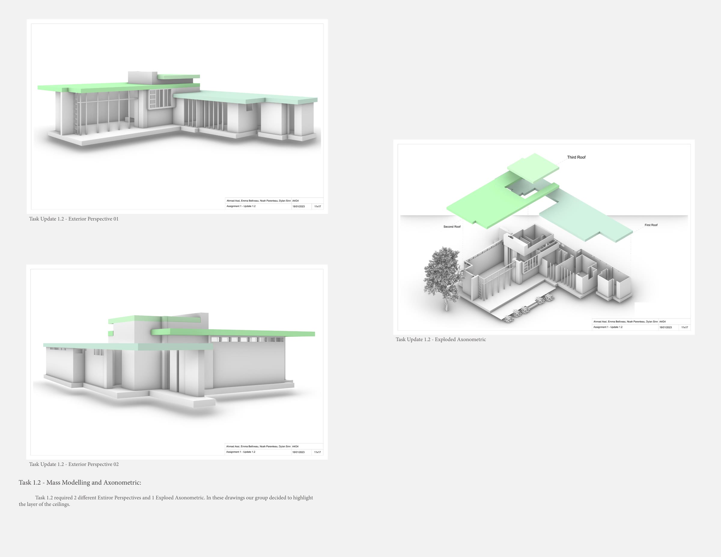 Three axonometric views of the Jacobs House with the roof plane picked out in green, alongside an exploded axonometric of the same plan