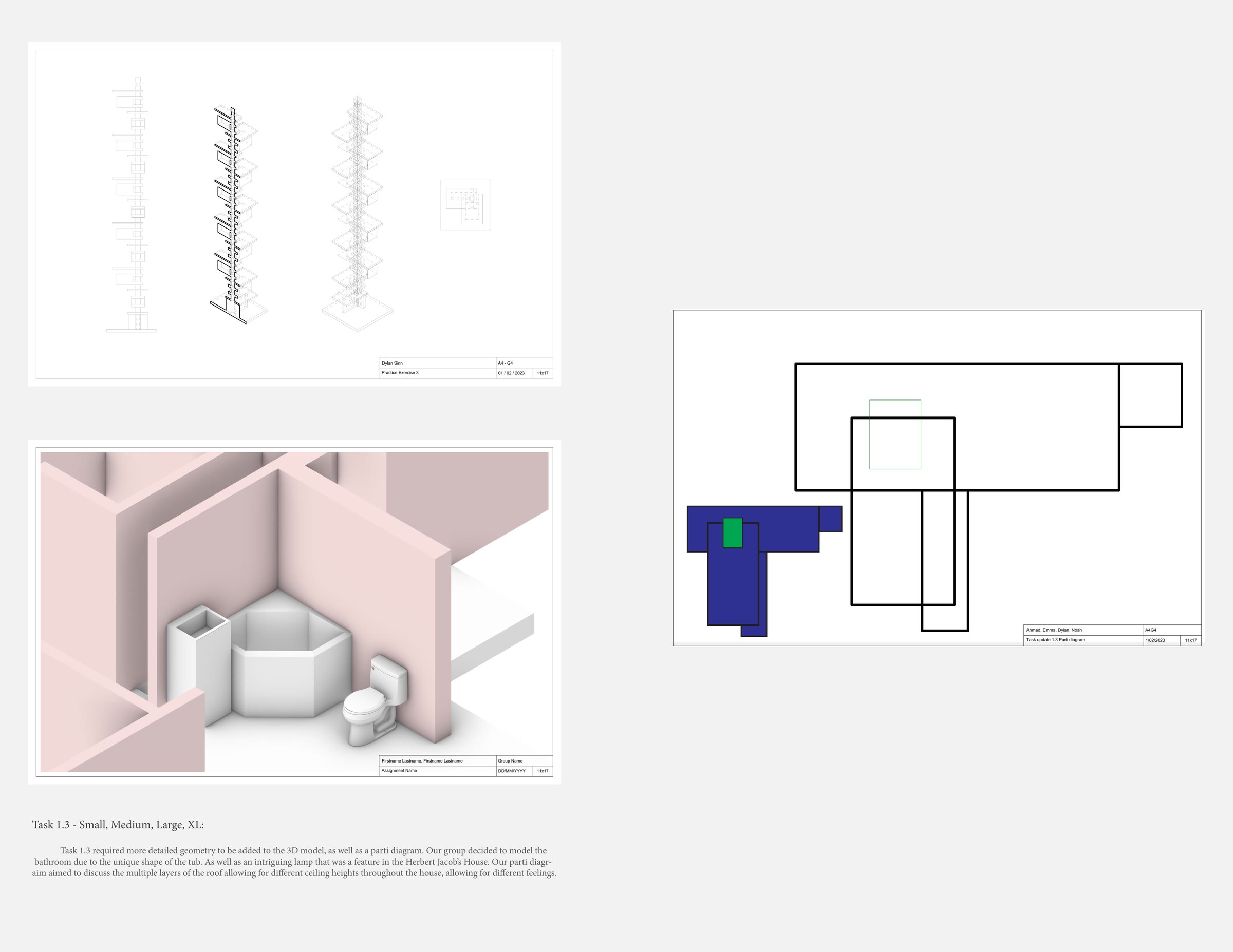 Hatching studies beside an interior axonometric washed in pink, with a plan diagram in flat blue and green