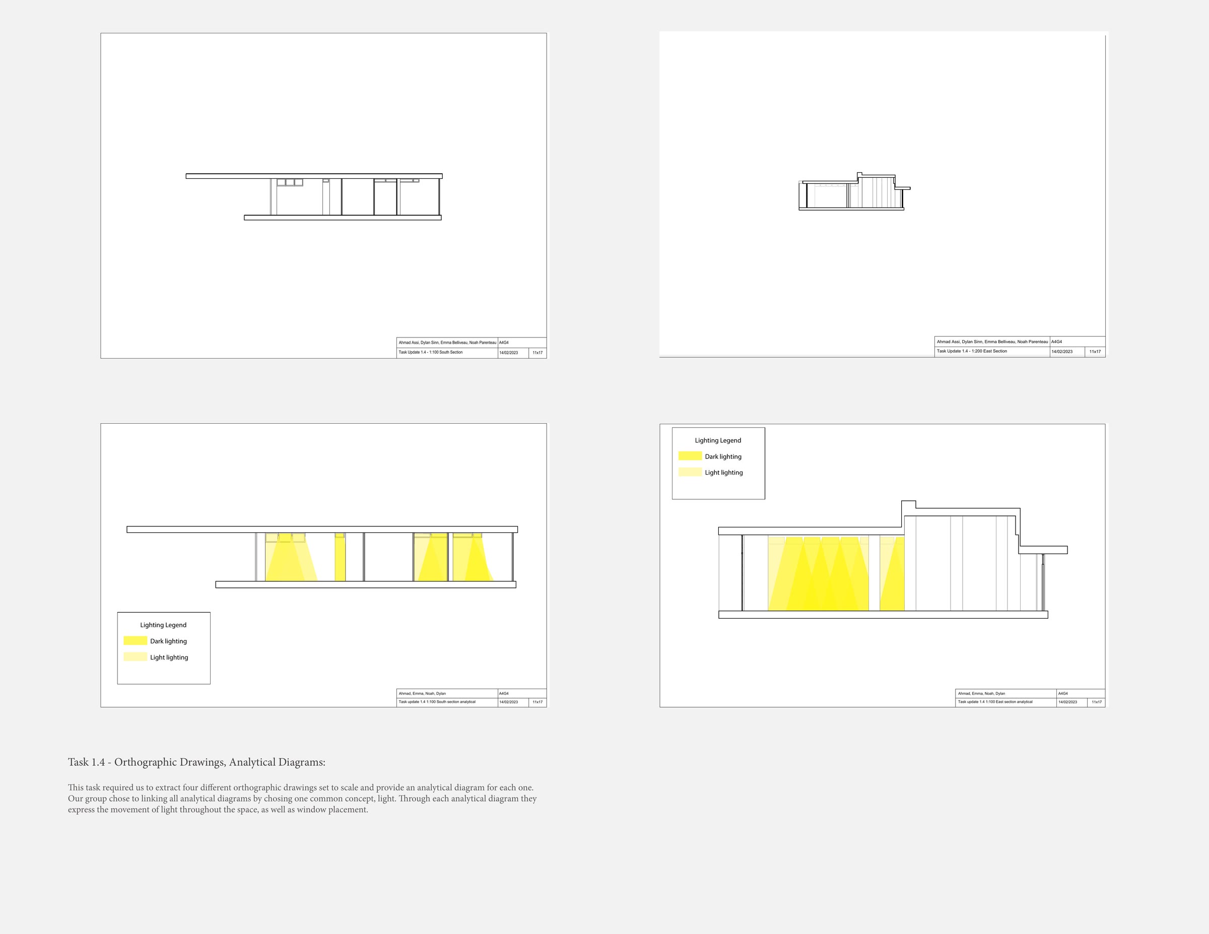 Elevations with the glazing filled in yellow so the extent of opening reads before anything else