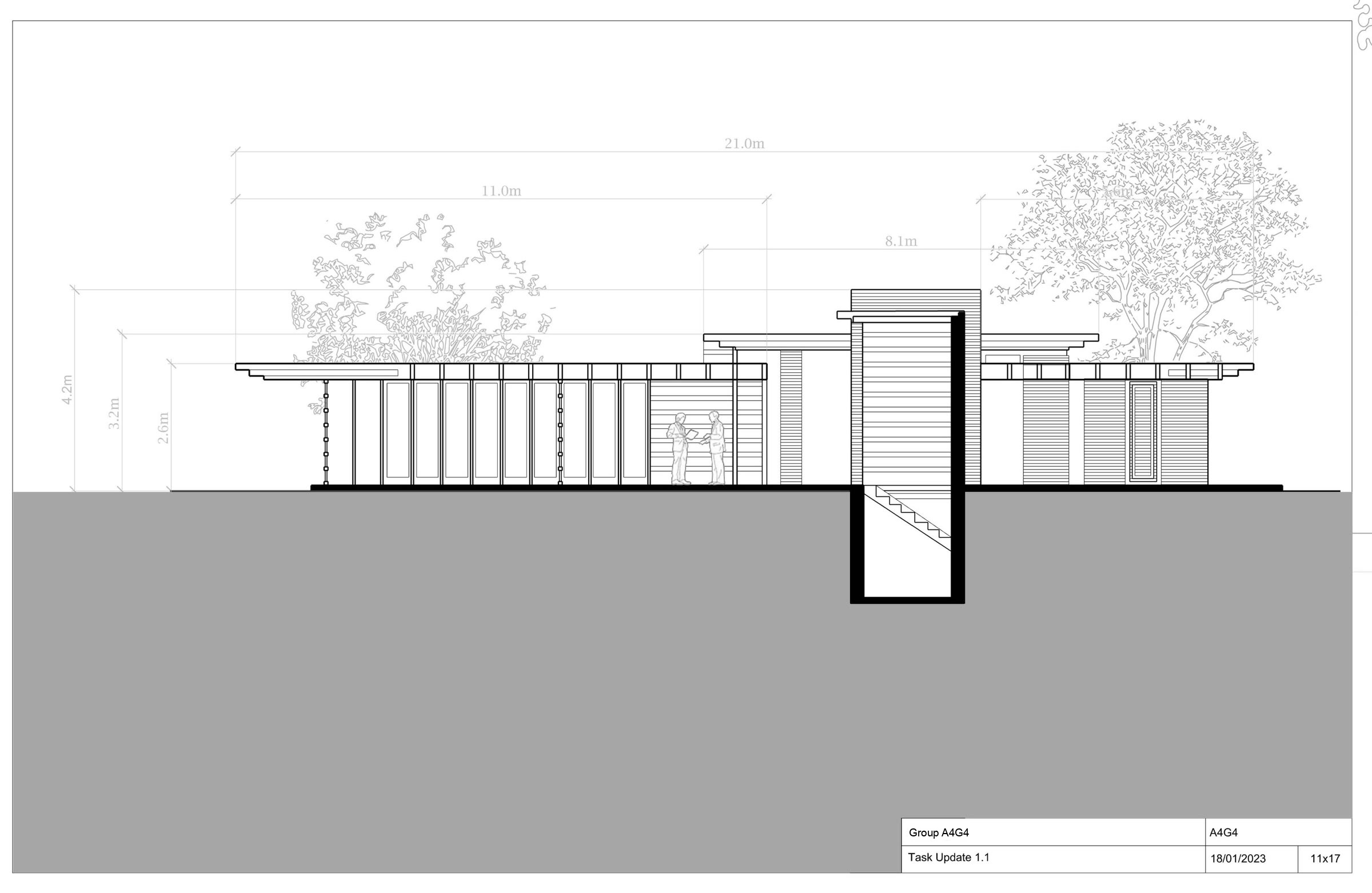 Section through the house with the surrounding trees drawn in and the stair cut through the middle