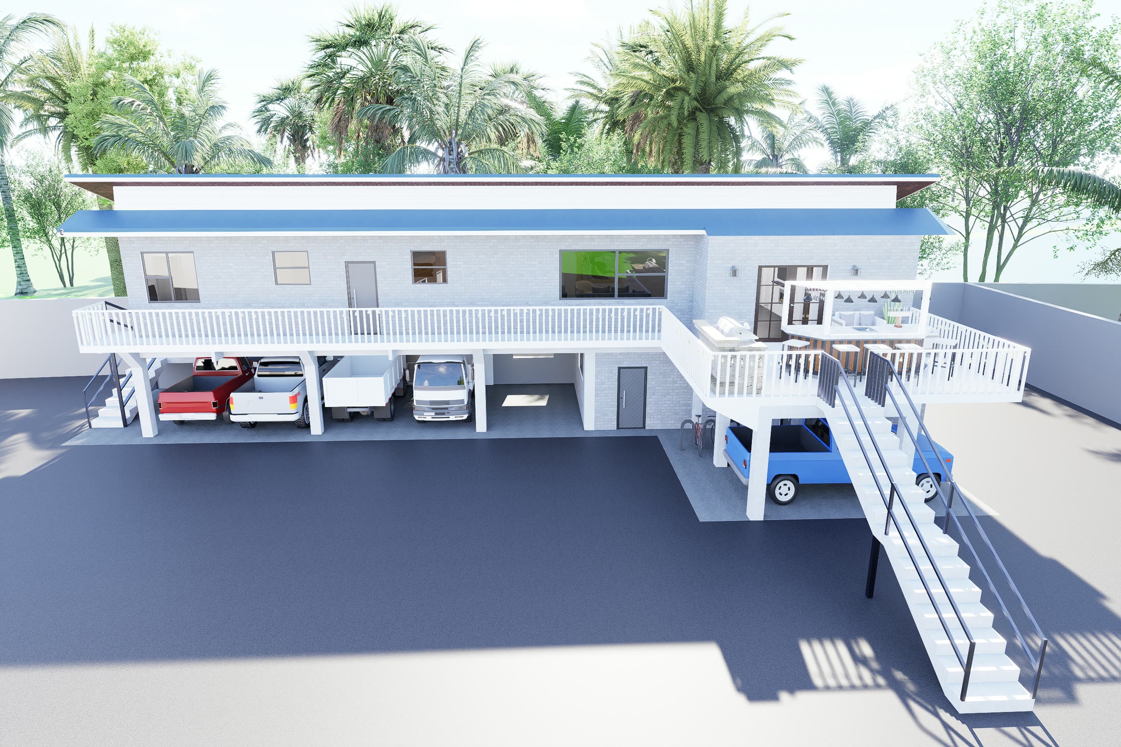 Raised view of the frontage showing the full length of the elevated floor, the roof deck and the cars parked underneath