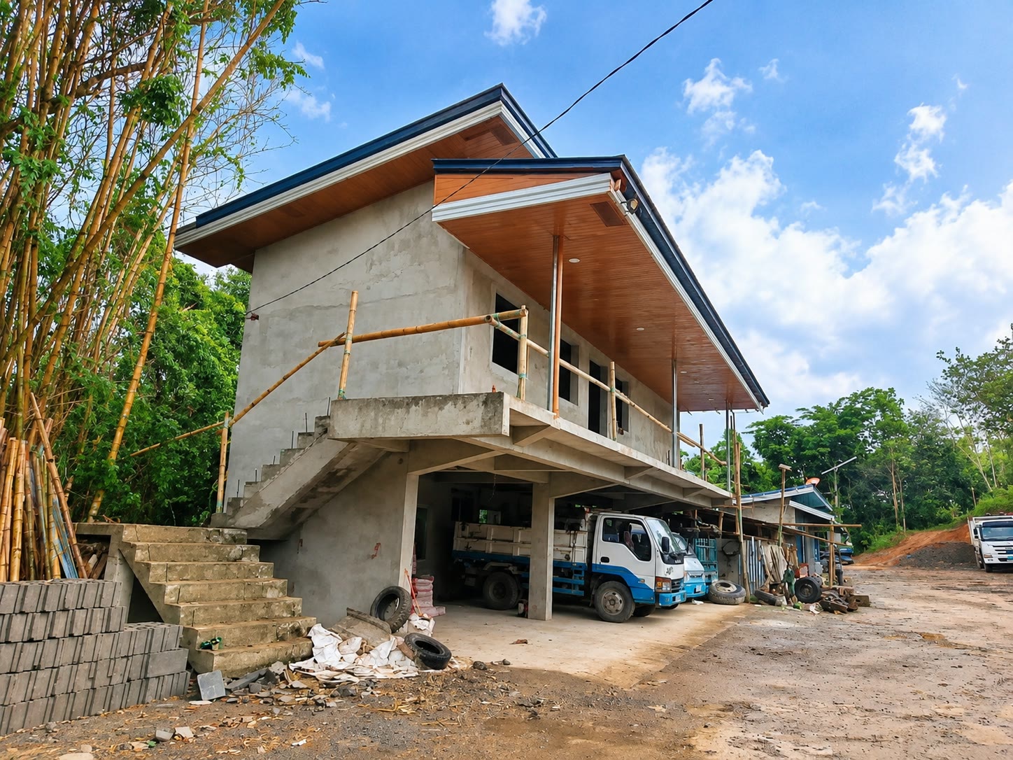 The roof complete, its dual-skillion form and timber lined soffit clearly readable, with vehicles parked below