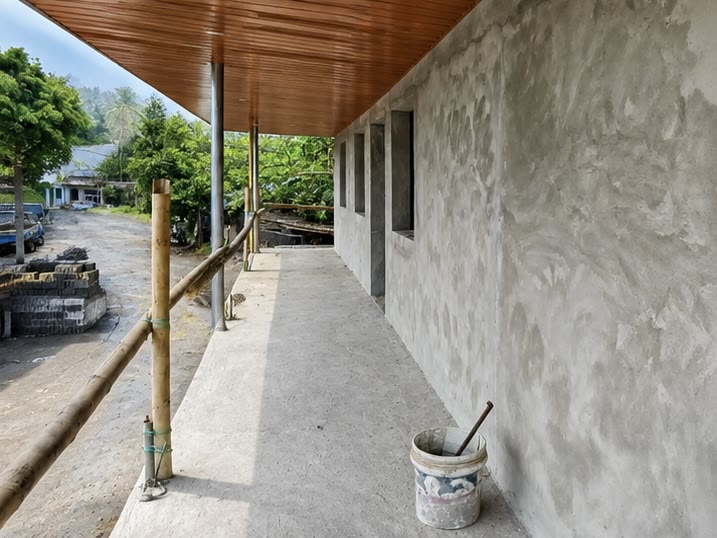 The same walkway from the far end, render still being finished and a paint bucket on the deck