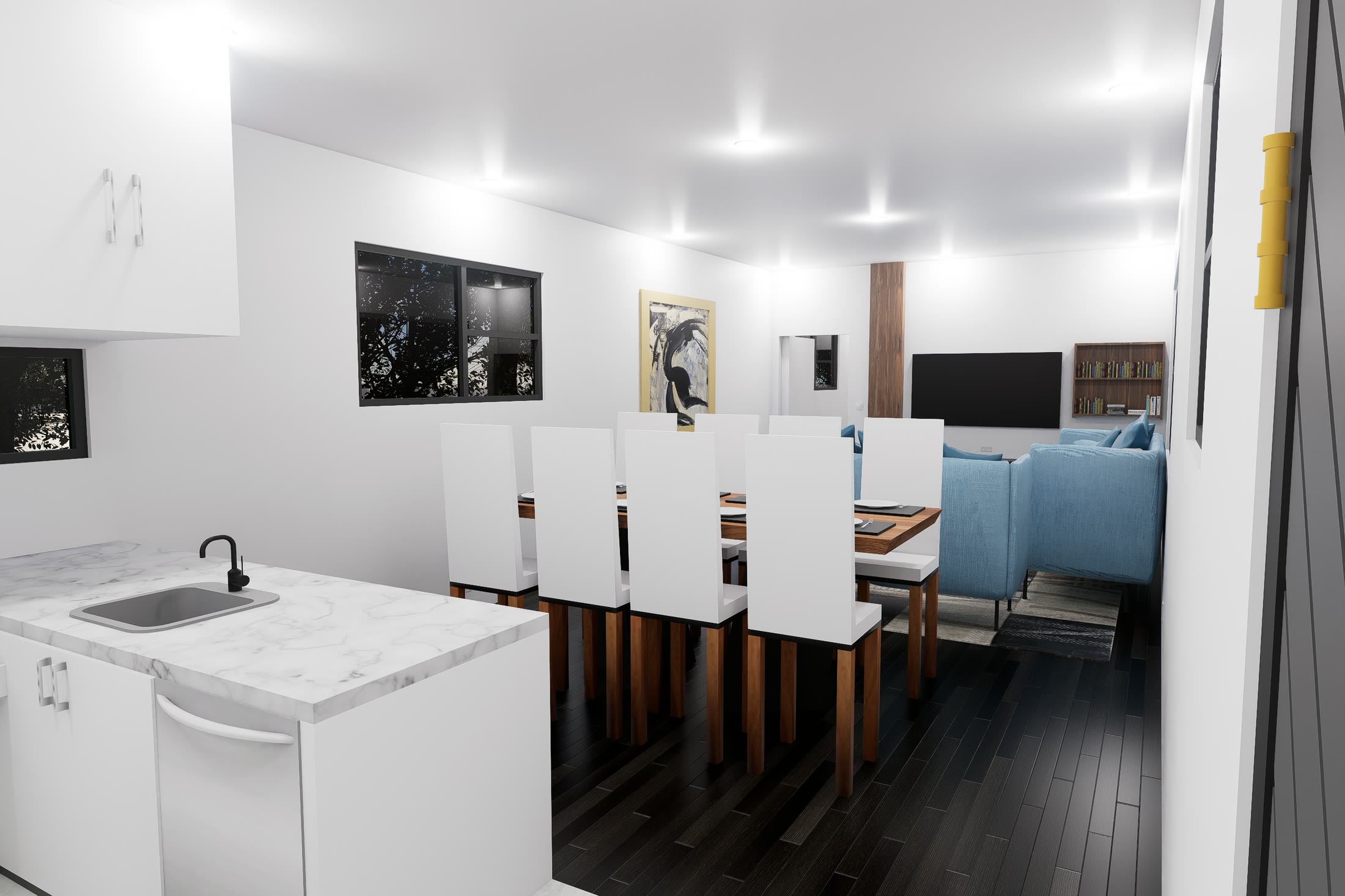 Looking in from the entrance along the kitchen island to the dining table and the living area beyond
