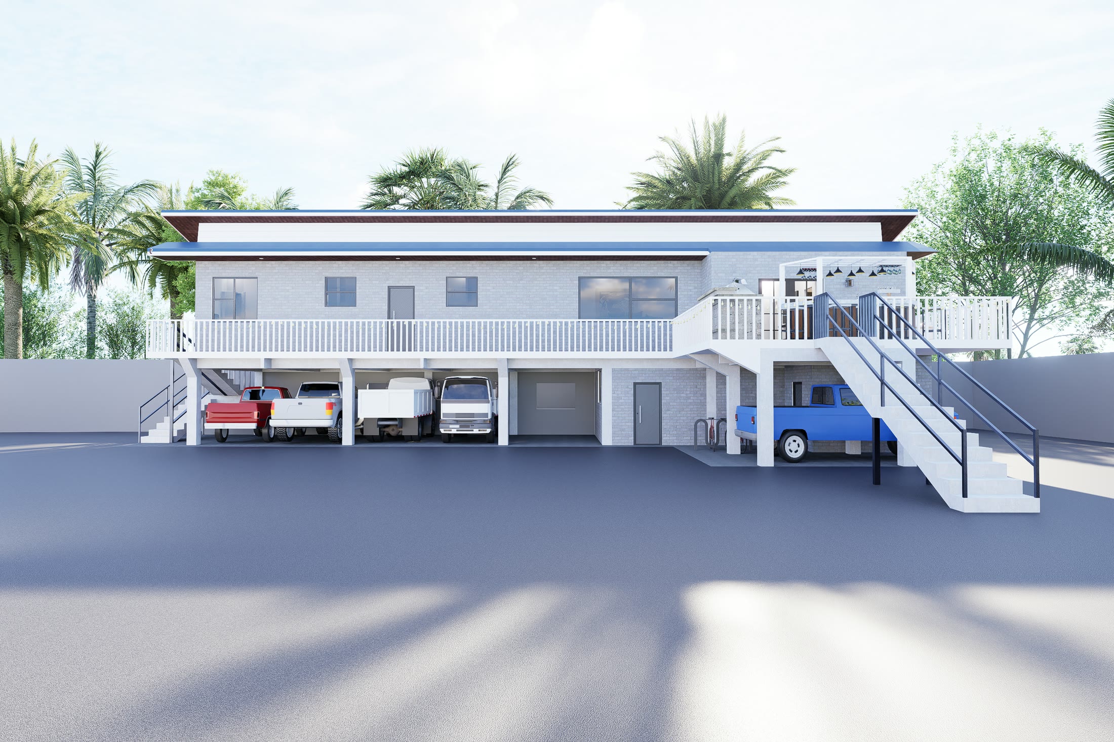 Straight on view of the front elevation with the external stair at the right hand end