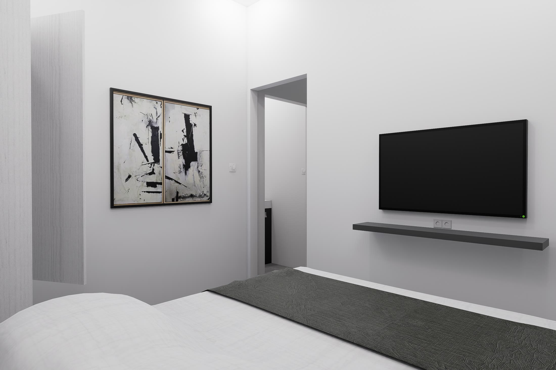 Guest bedroom with a low console beneath the television and artwork on the end wall