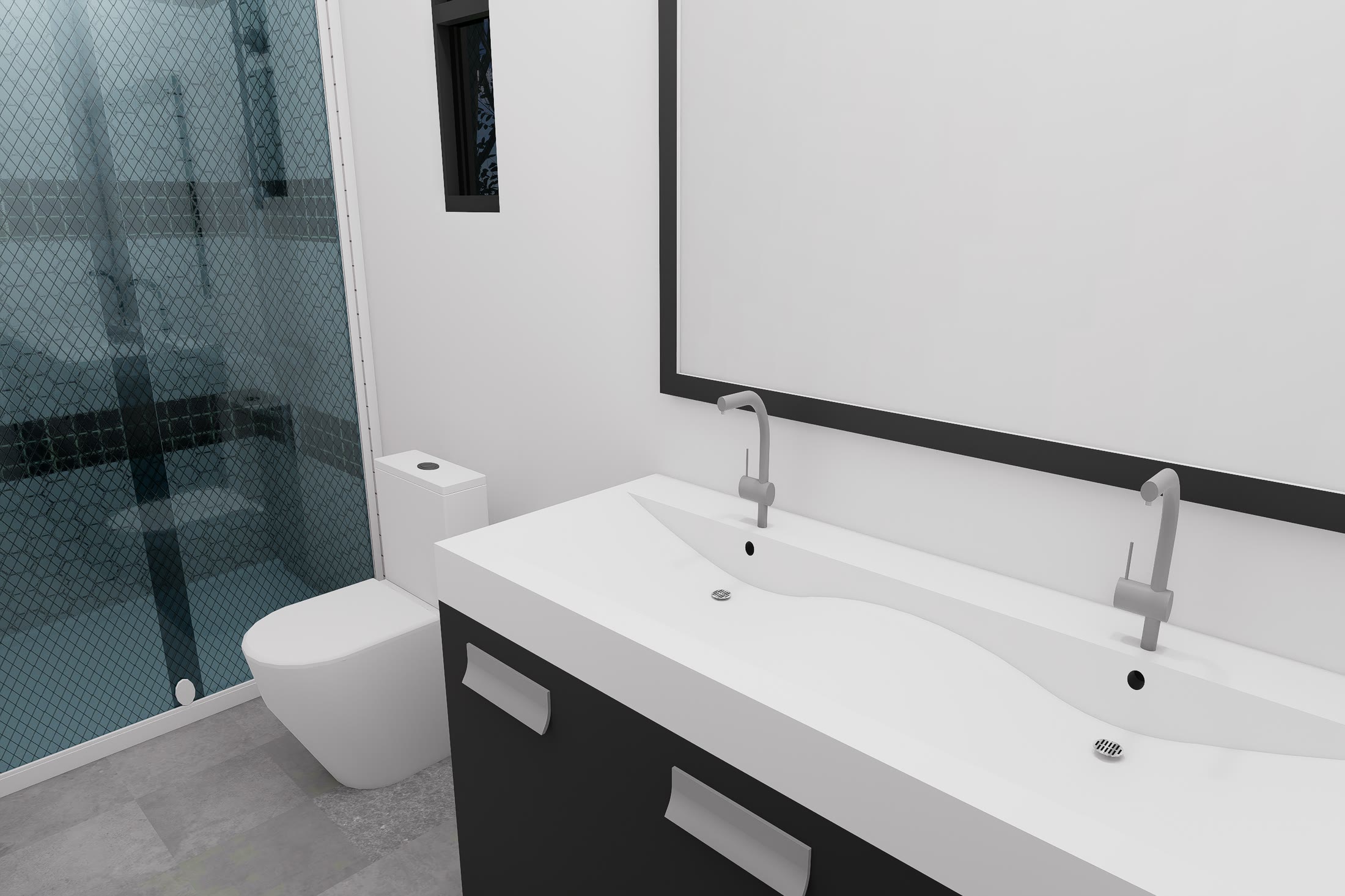 Guest washroom with a single vanity, framed mirror and a tiled shower behind glass