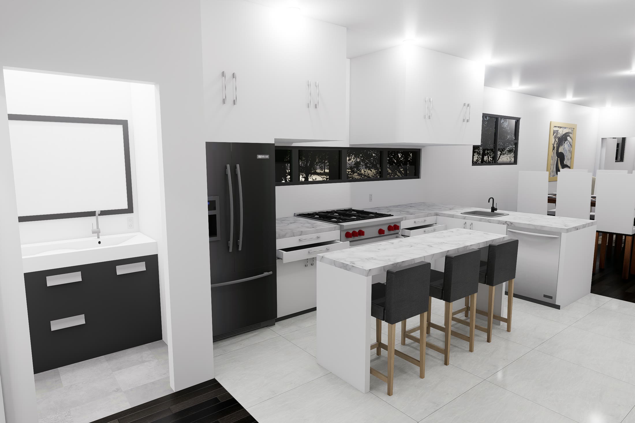The kitchen with its marble island, range and full height cabinetry