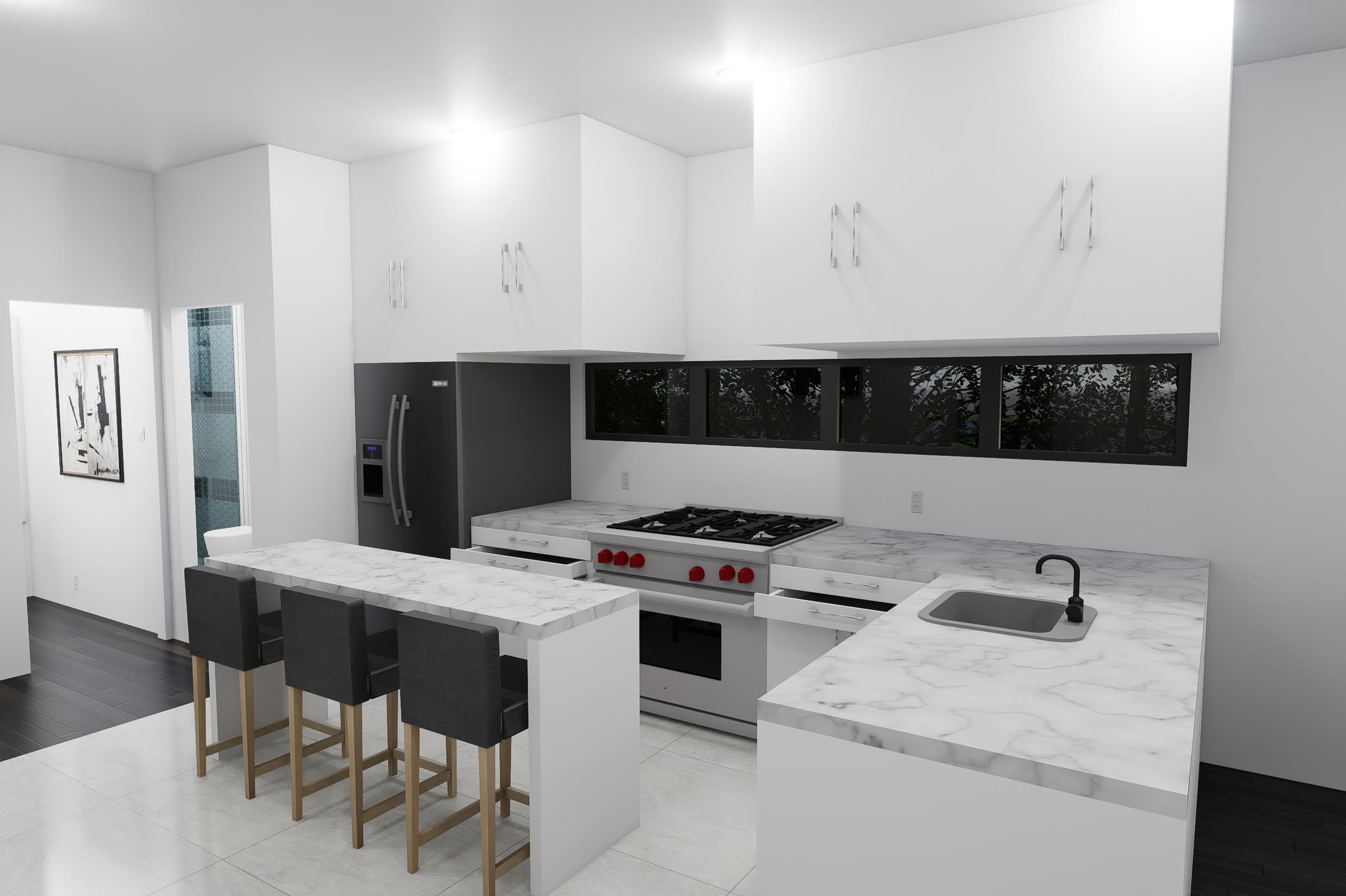 The kitchen from the living side, stools along the island and the sink under the window