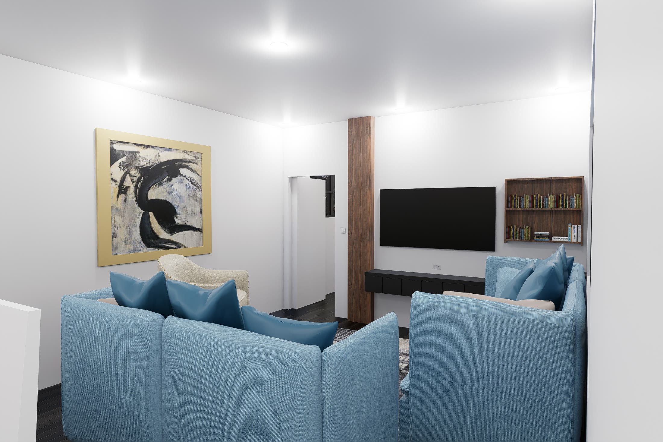 The living area from the opposite corner, sofa and armchairs facing the wall mounted television
