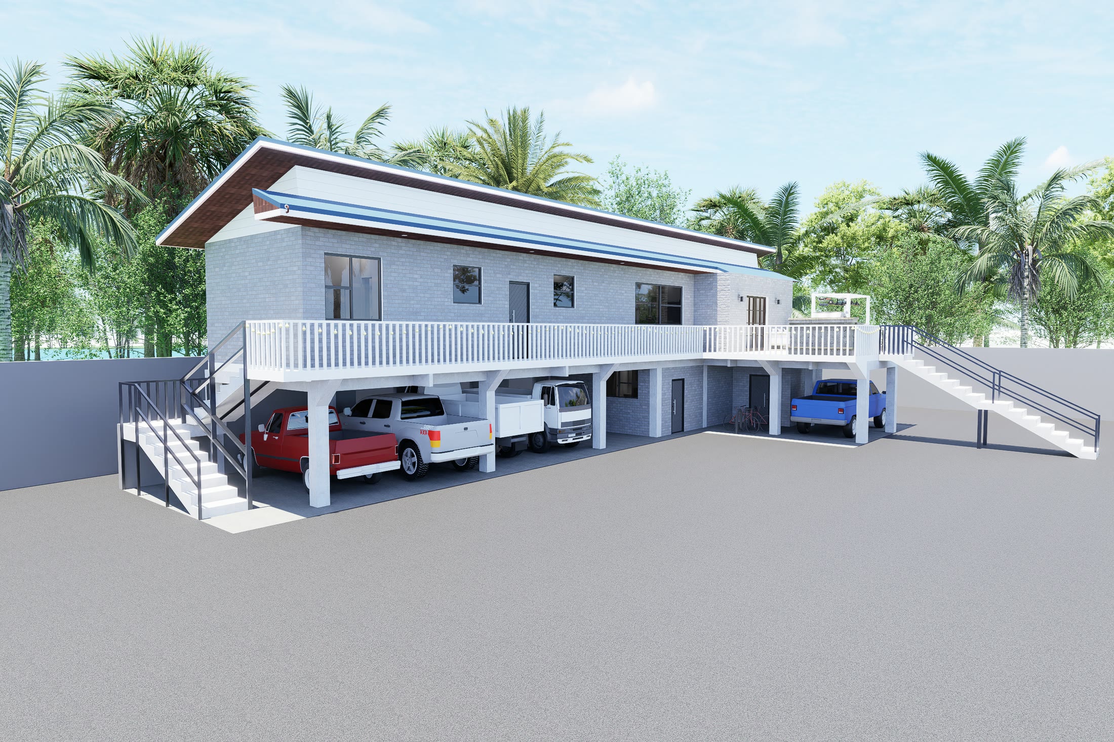The house at midday, the living floor raised a full storey on posts above open parking, under an offset dual-skillion roof