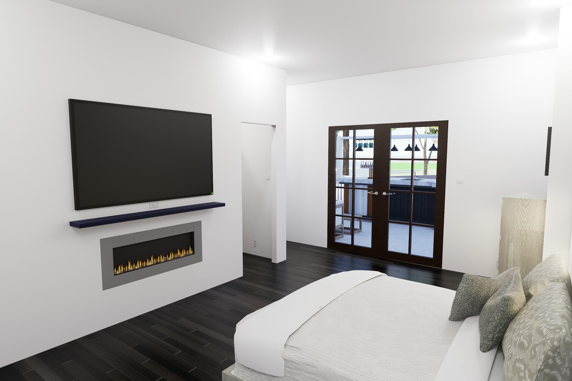 Master bedroom with a linear fireplace under the television and glazed doors to the walkway
