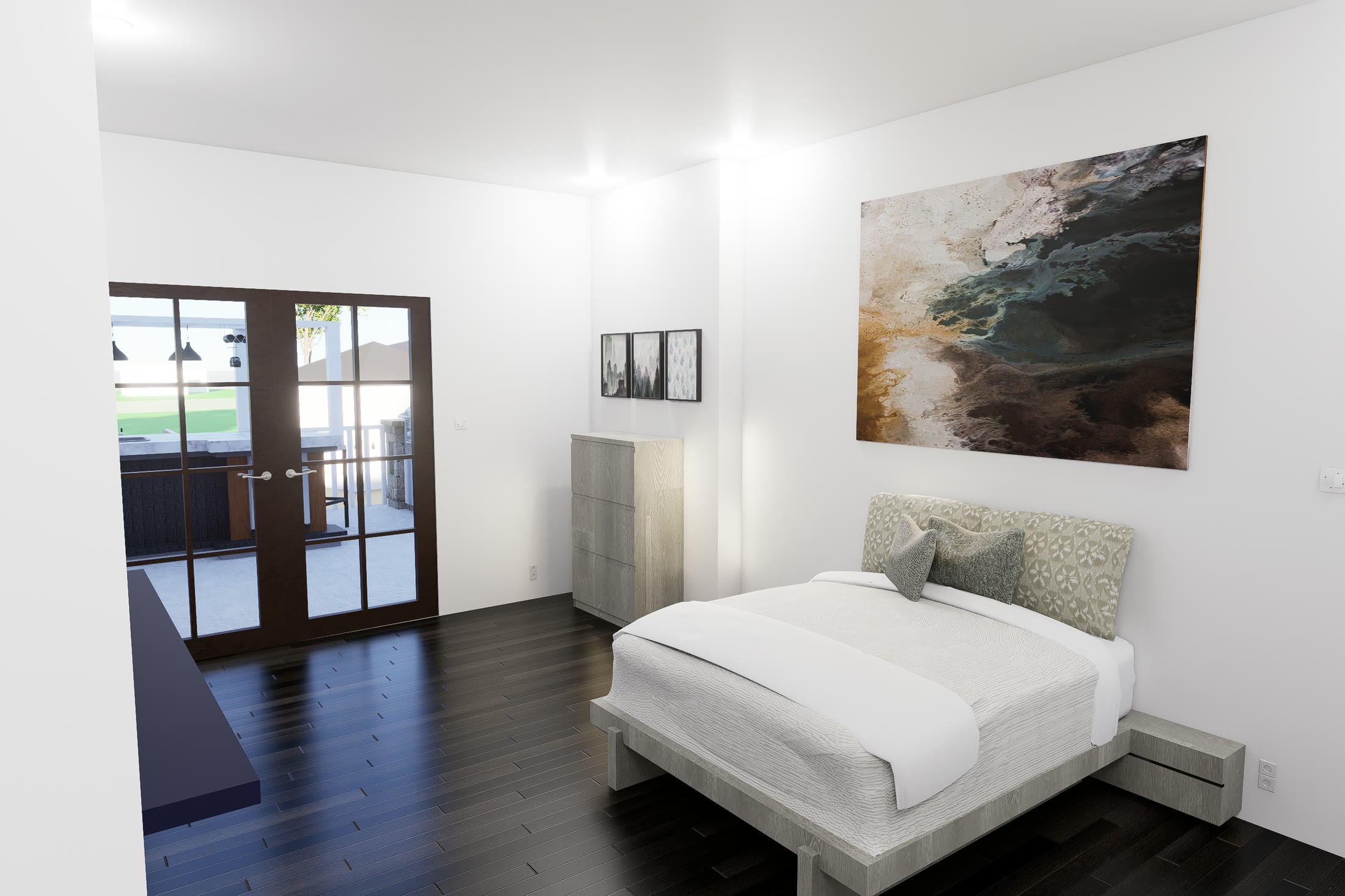 Master bedroom from the doorway, the bed against the far wall and daylight coming through the glazed doors