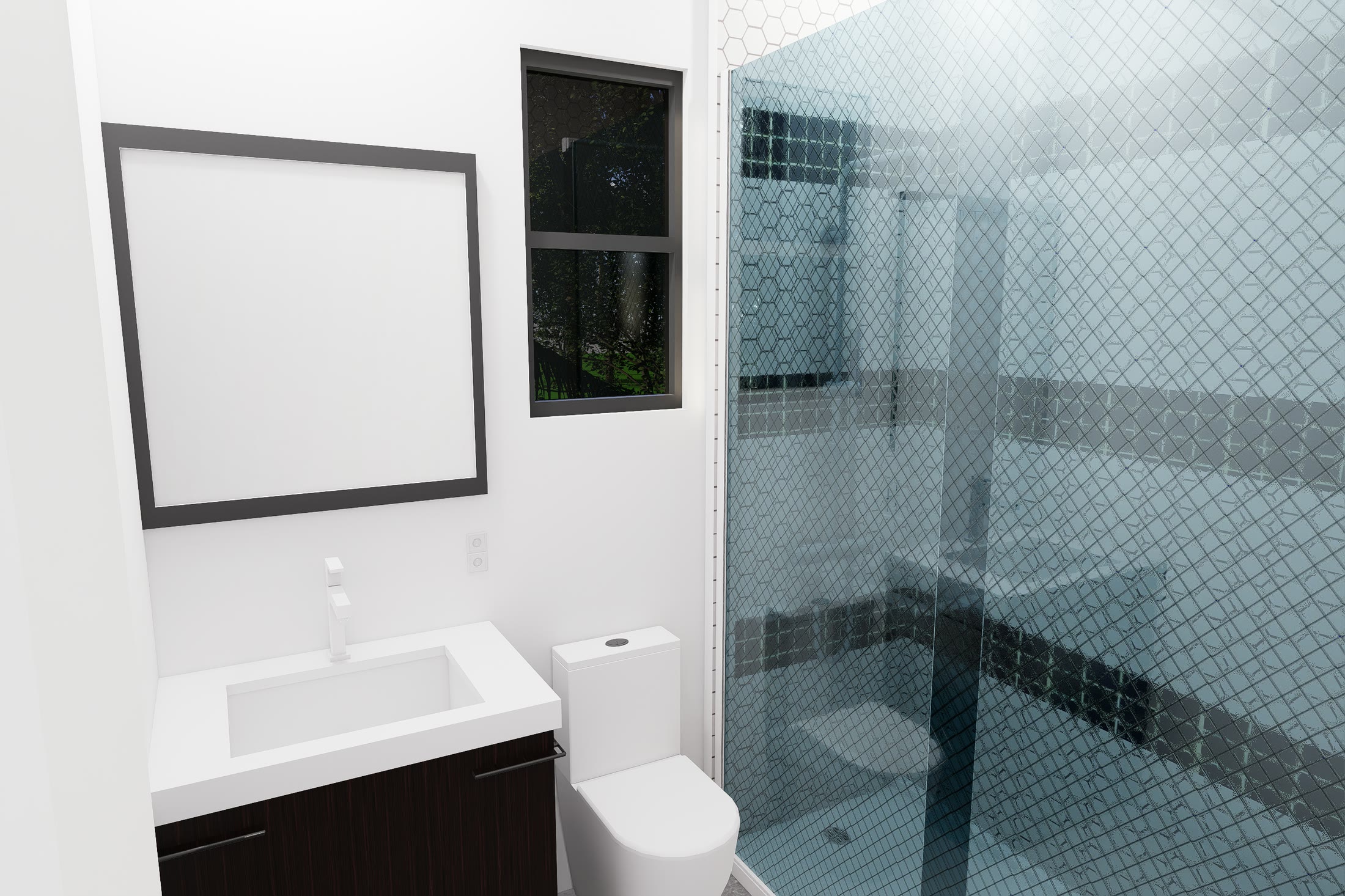 Master washroom with a twin basin vanity, wall mirror and a glazed shower enclosure