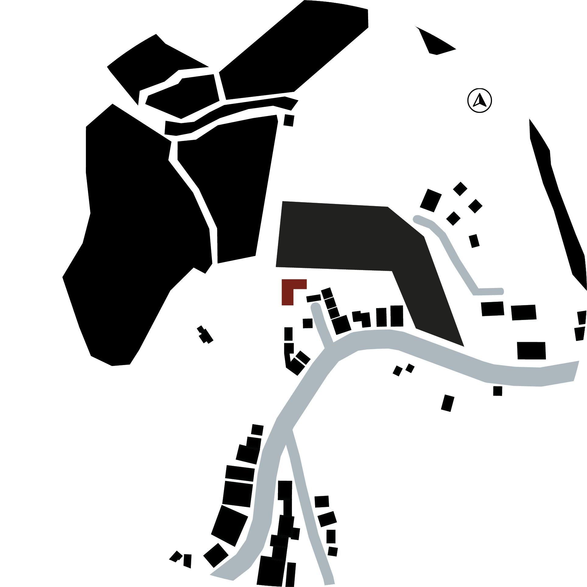 Figure ground drawing of the village with built form in black, the project lot picked out in red and the road and watercourse in grey
