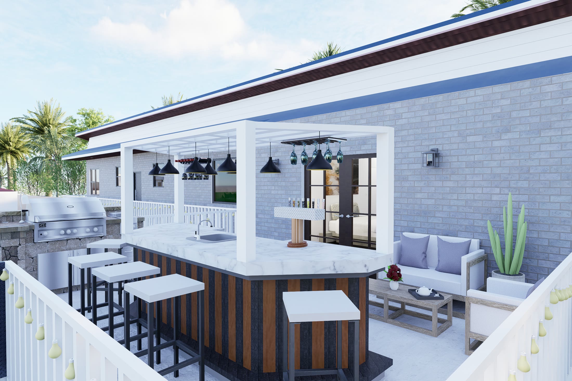 Covered terrace with a timber and stone bar, stools, pendant lights and lounge seating beyond