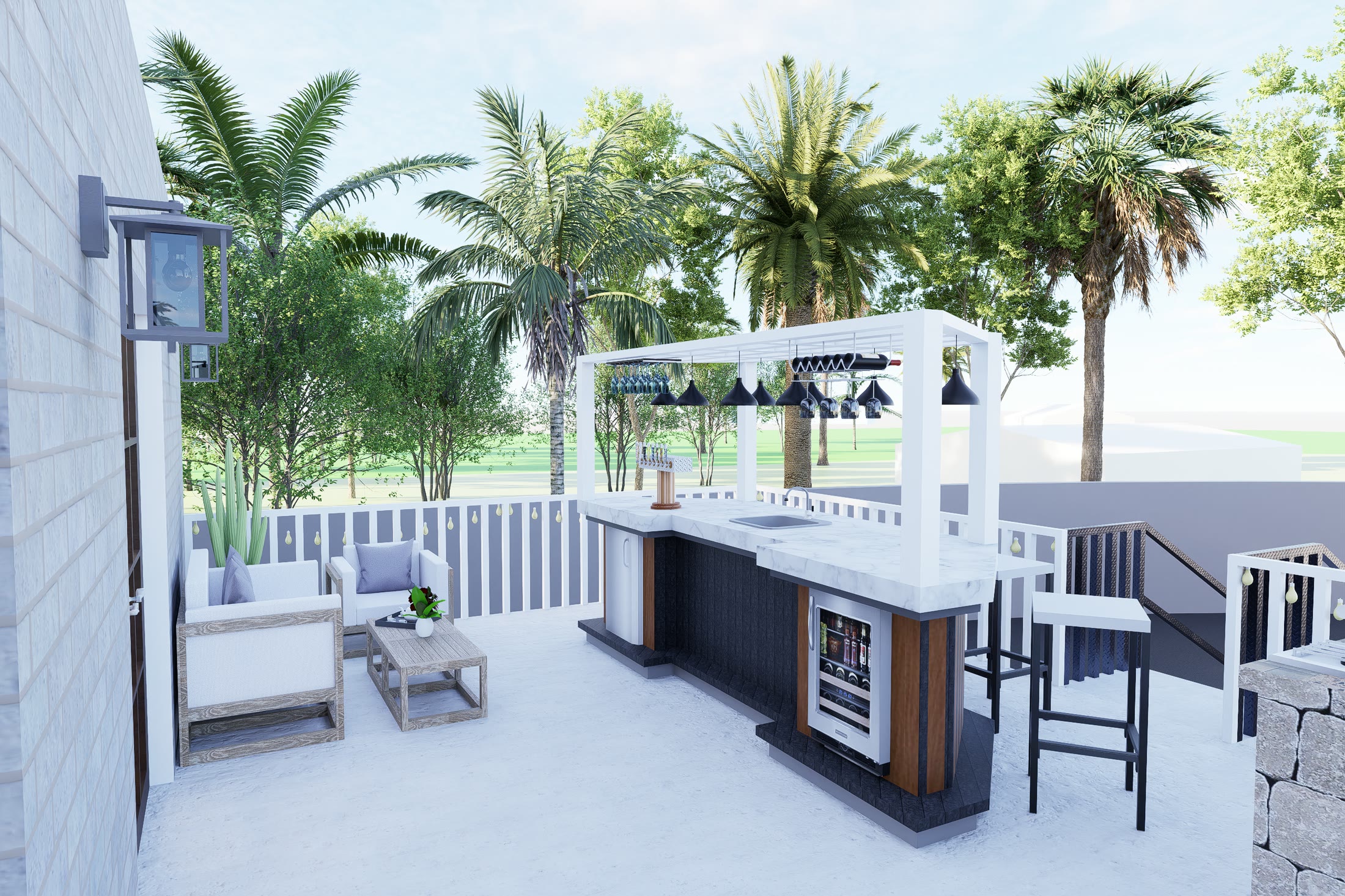 The terrace from the other end, the bar on the right and armchairs facing out to the palms