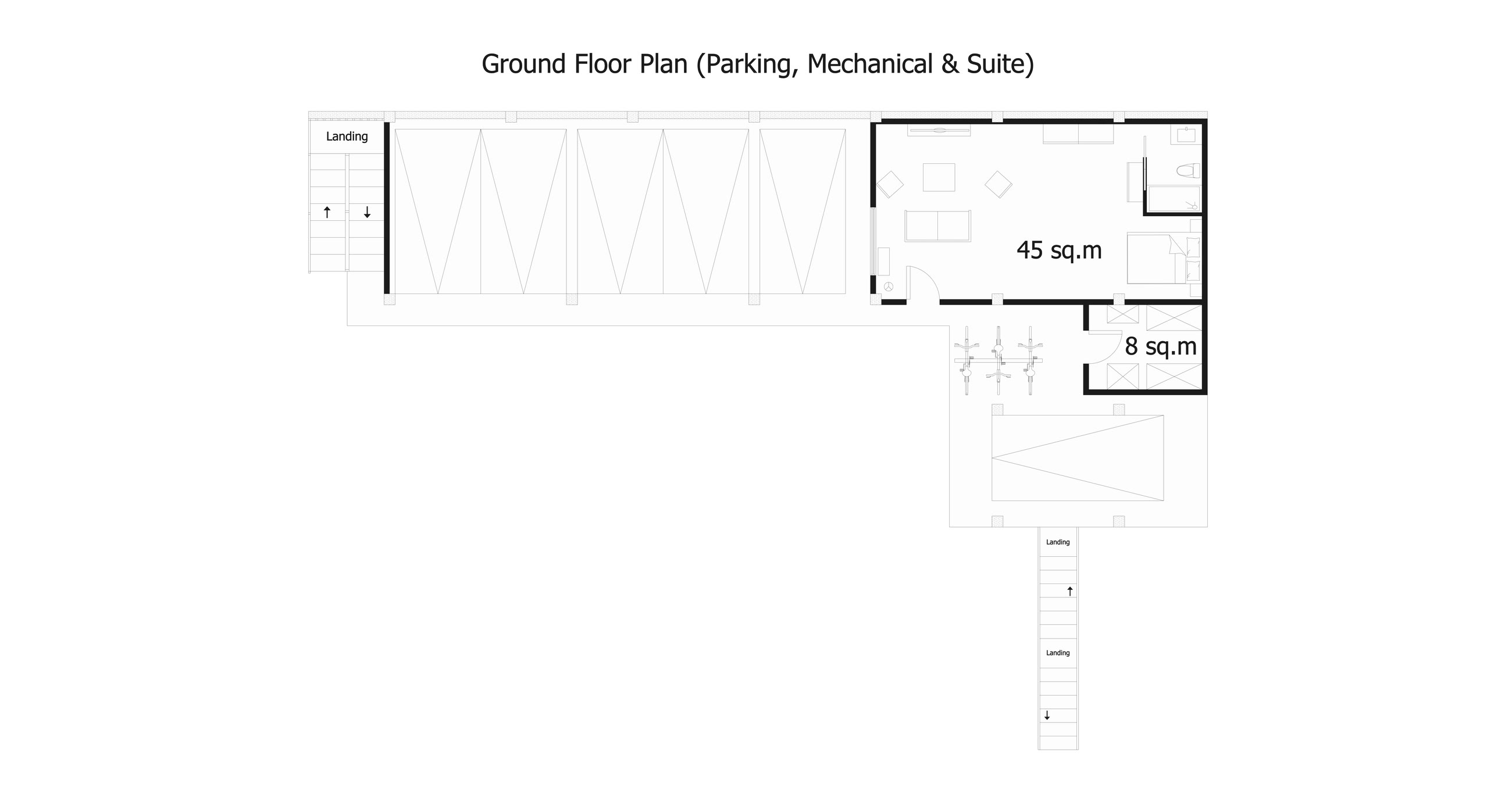 Ground floor plan showing the parking bays, an 8 square metre mechanical room and the 45 square metre open concept suite