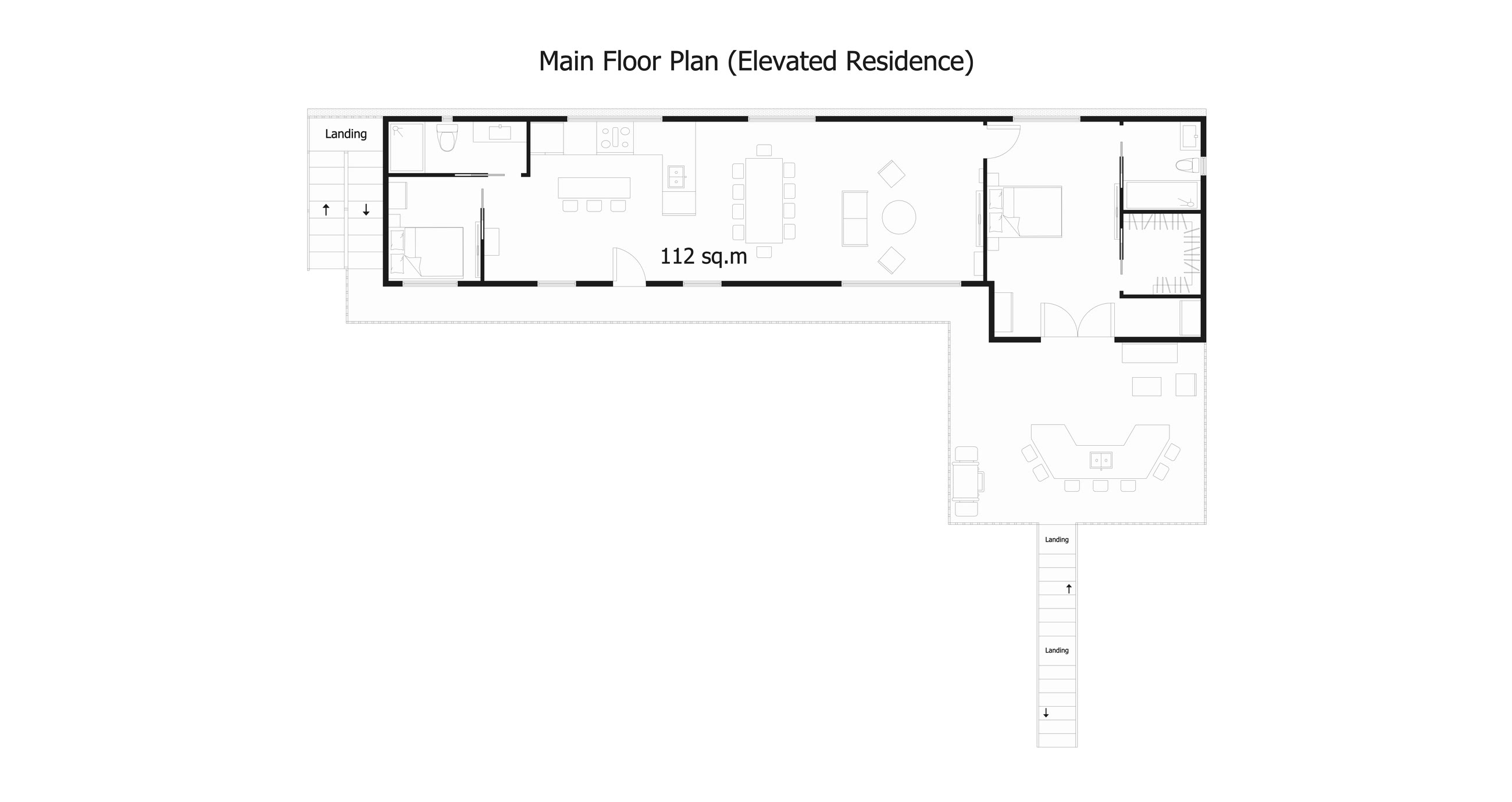 Main floor plan of the elevated residence, 112 square metres, showing the split bedroom layout either side of an open kitchen, dining and living space, with the wrapping walkway and the terrace