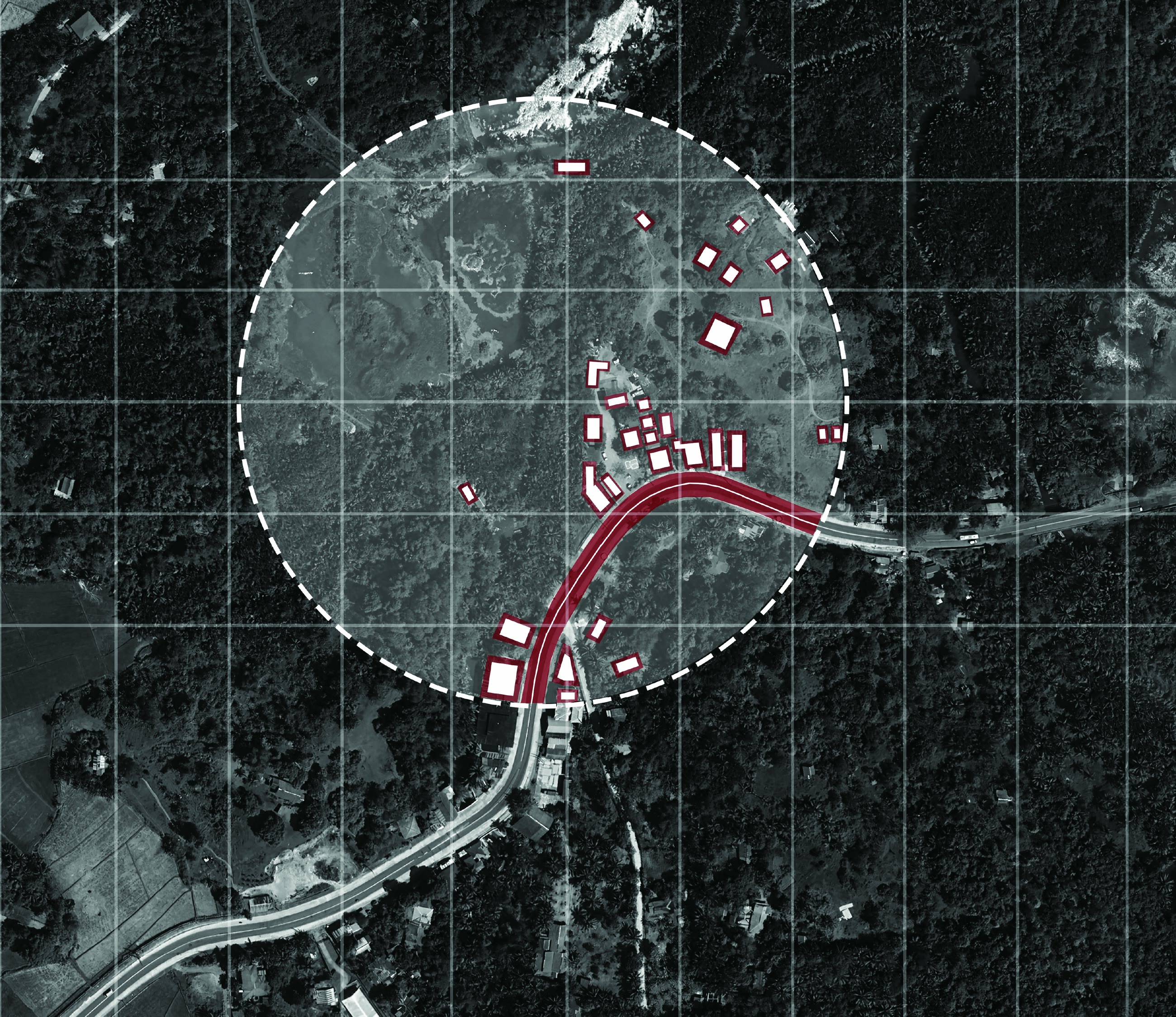 Aerial site map with a dashed catchment circle, the approach road marked in red and the neighbouring building footprints outlined