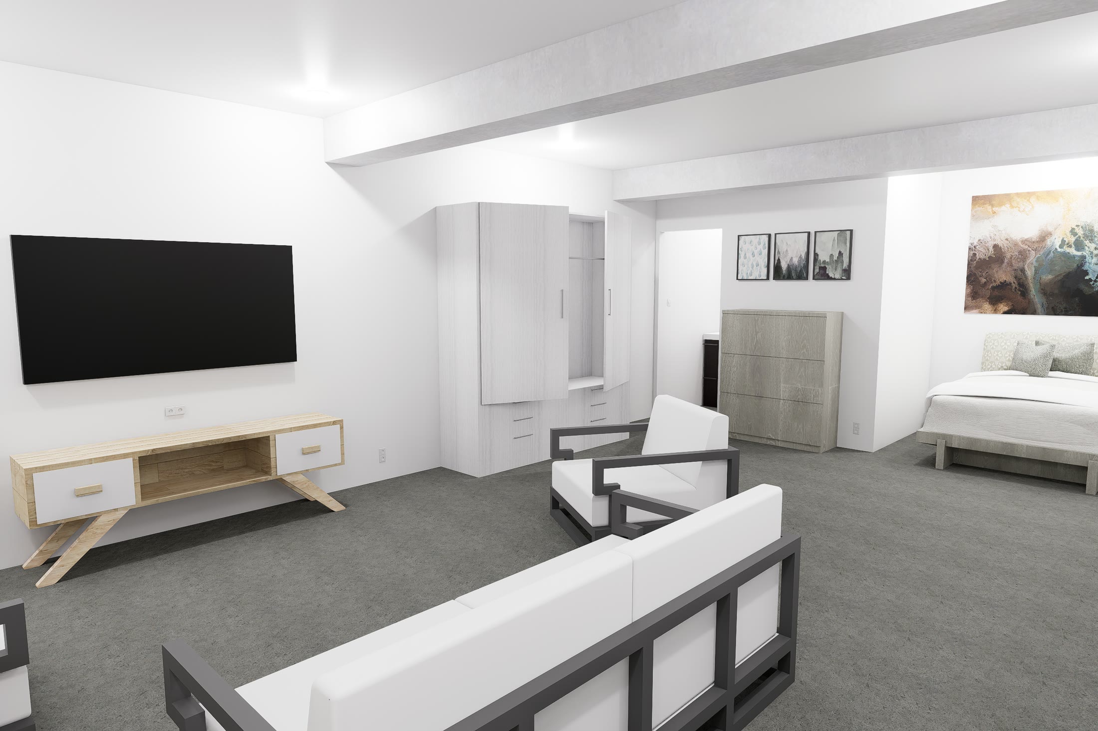 The suite from the sleeping end, looking back past the seating to the entrance