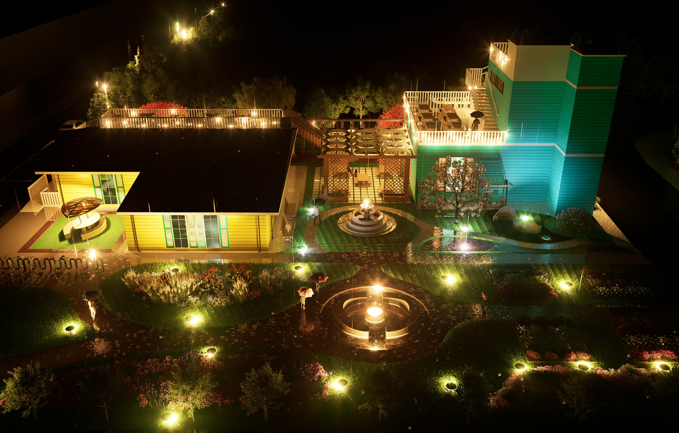 Aerial of the whole site at night with the museum, the pergola and the tower all lit