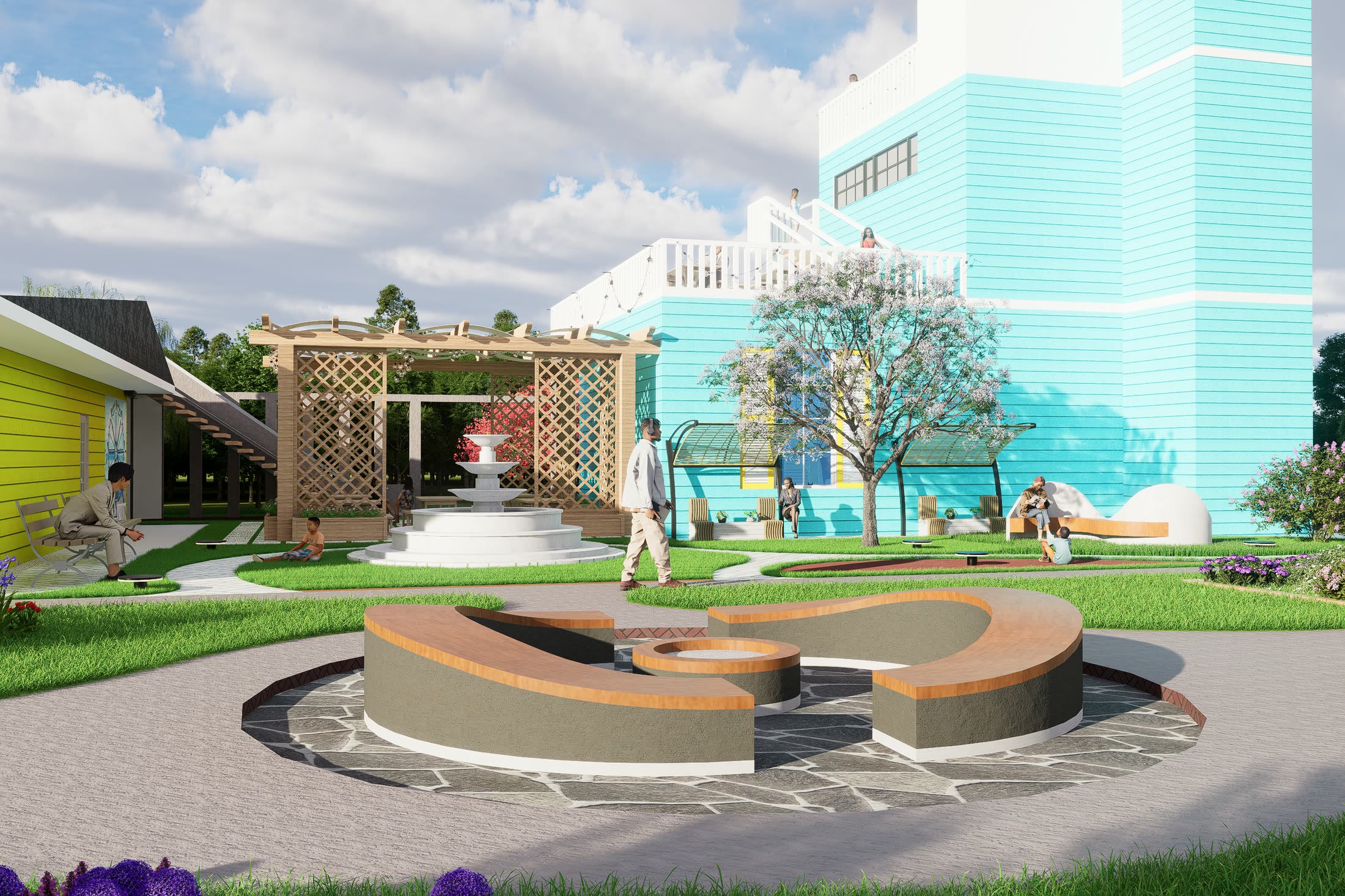The central courtyard with its circular water fountain, timber pergola and the restaurant tower behind
