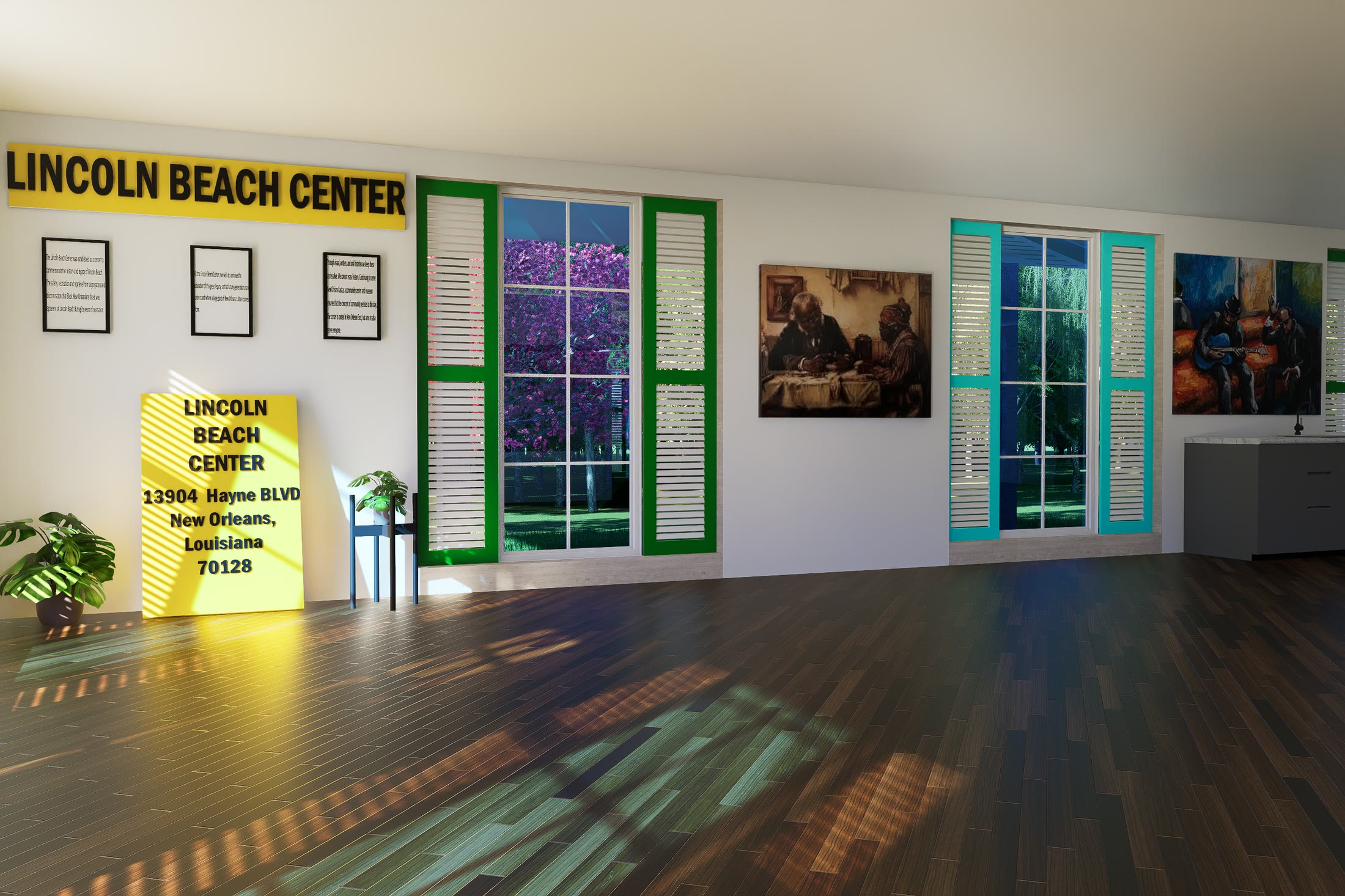 Museum room with the Lincoln Beach Center sign, framed paintings between shuttered windows and a polished timber floor
