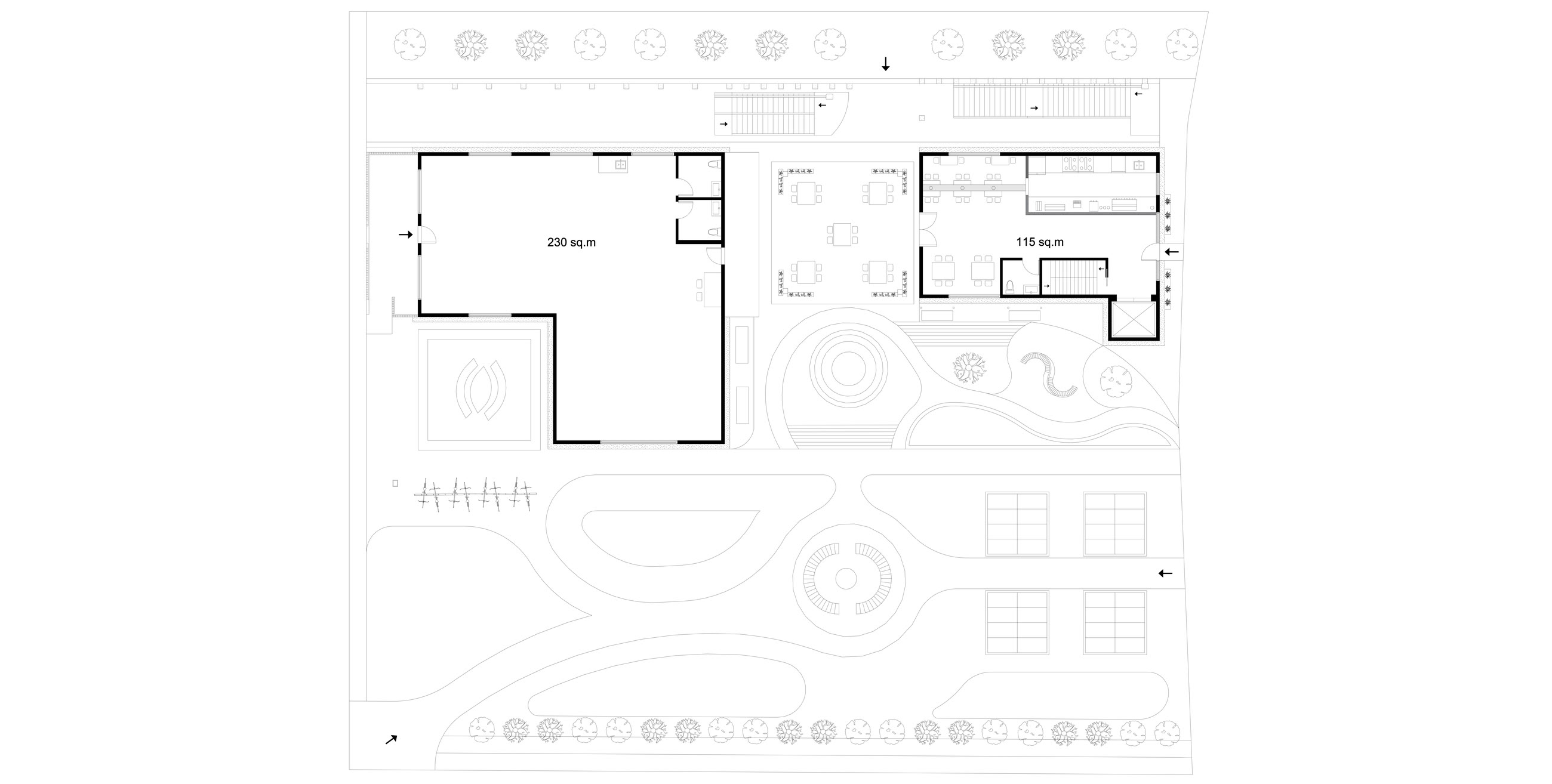 First floor plan showing the museum, the restaurant, the courtyard and the planted landscape between them