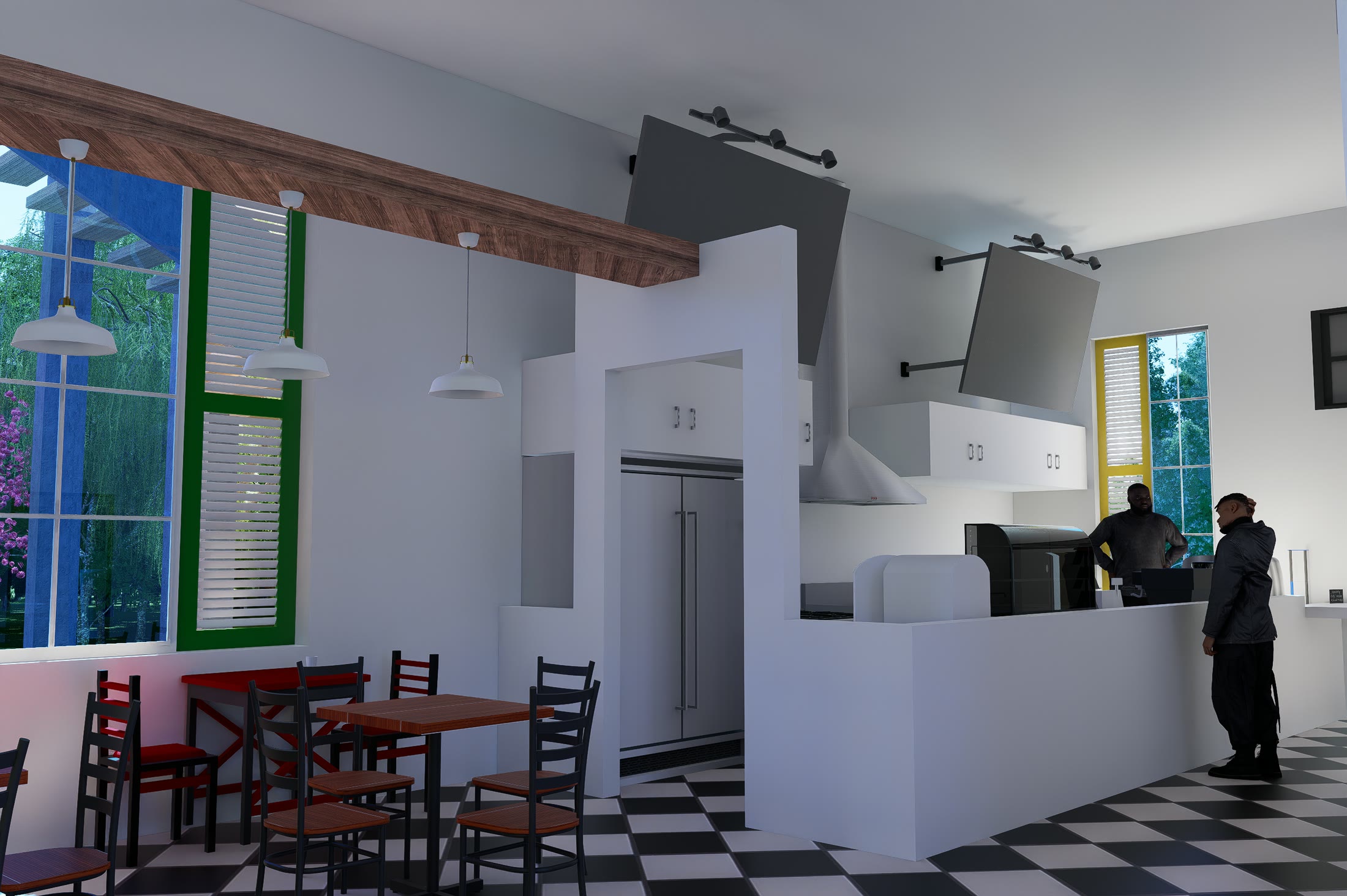 Restaurant interior with a chequerboard floor, timber tables and an open service counter