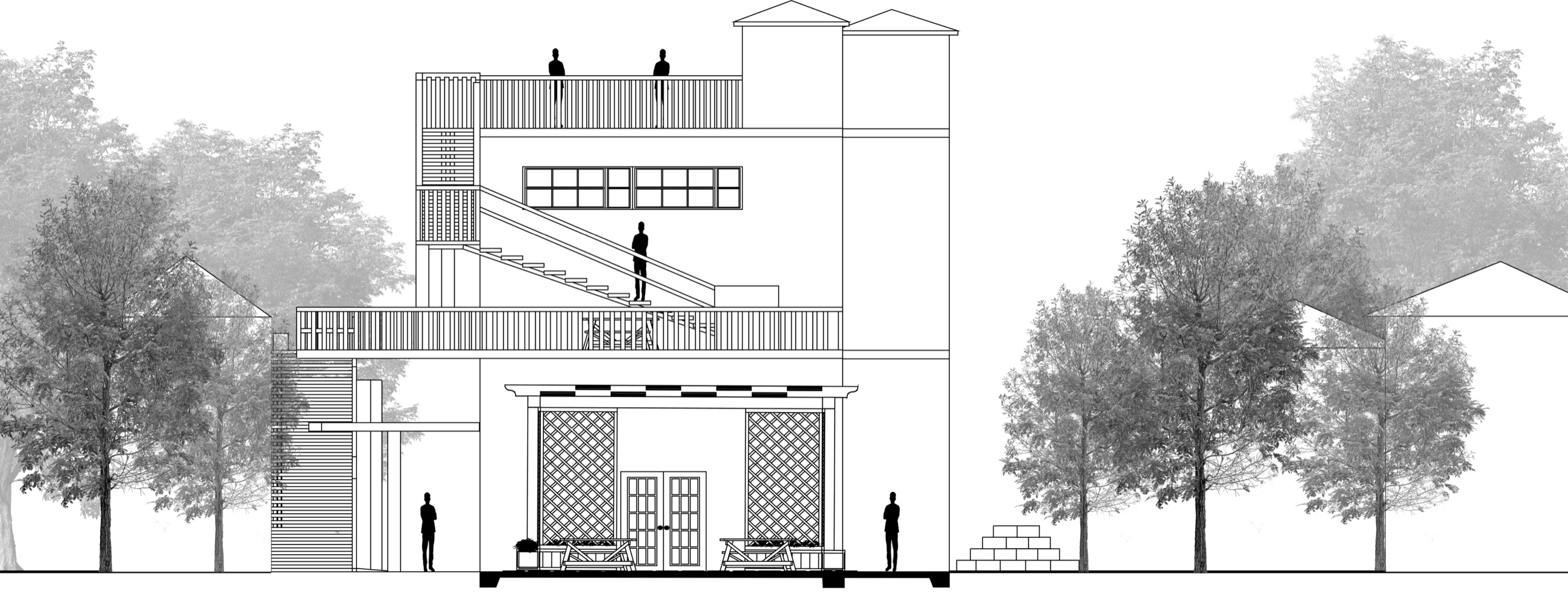East west section cut through the restaurant structure, drawn with the surrounding trees and figures for scale