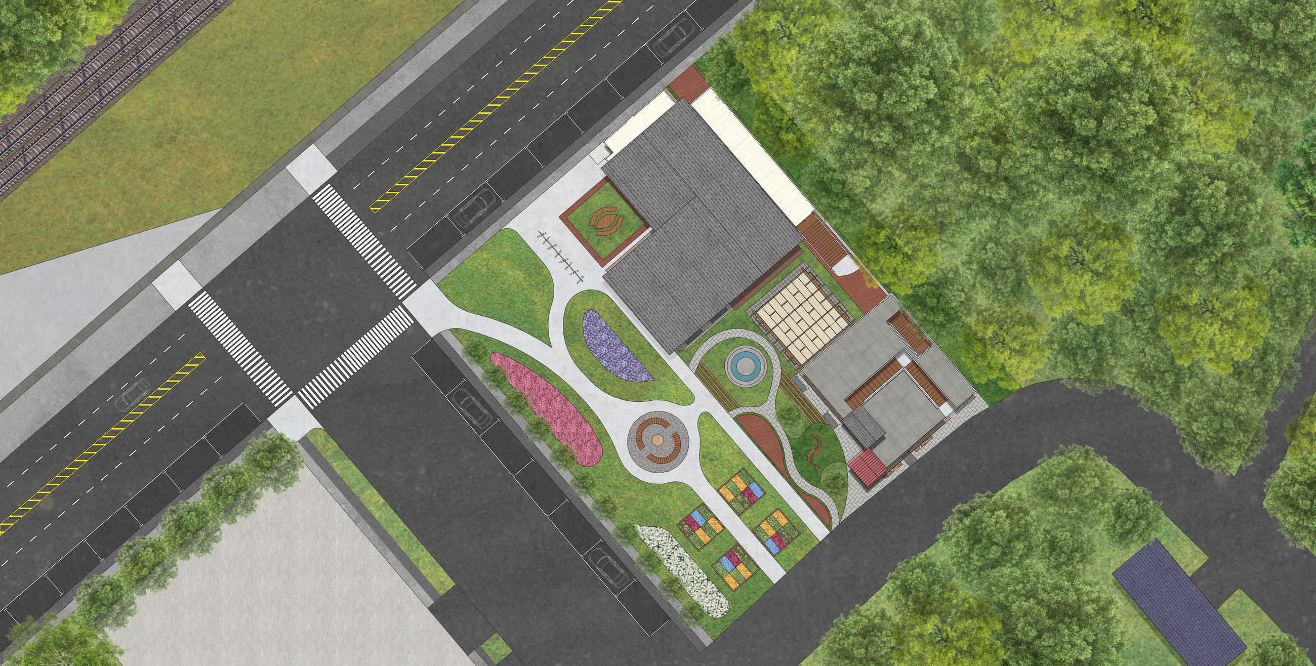 Focused site plan showing the two parcels, the boulevard, the planted courtyard and the tree cover around them