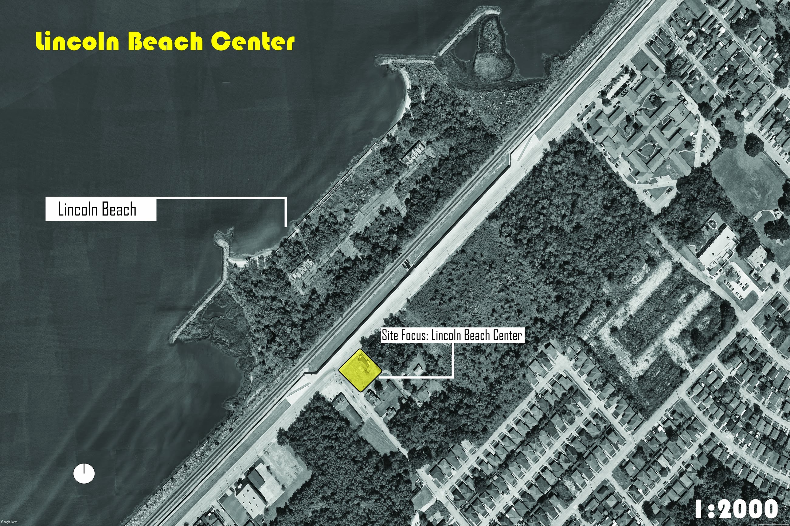 Site map at 1 to 2000 locating the centre on the shore of Lake Pontchartrain, with Lincoln Beach and the site focus marked