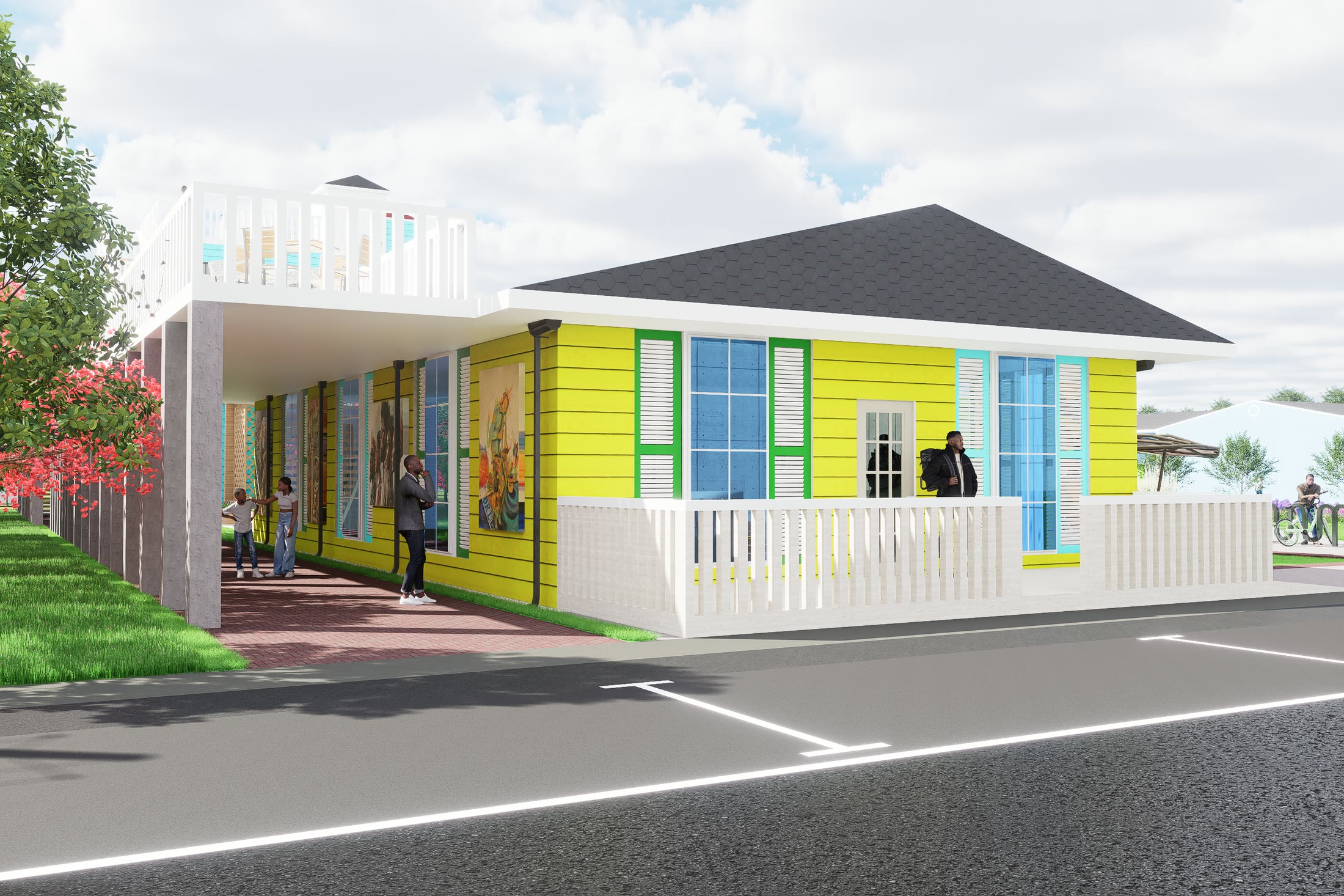 The museum on the corner of Hayne Boulevard, yellow weatherboard with teal and green shutters, paintings hung along the covered walk and a low white fence to the street