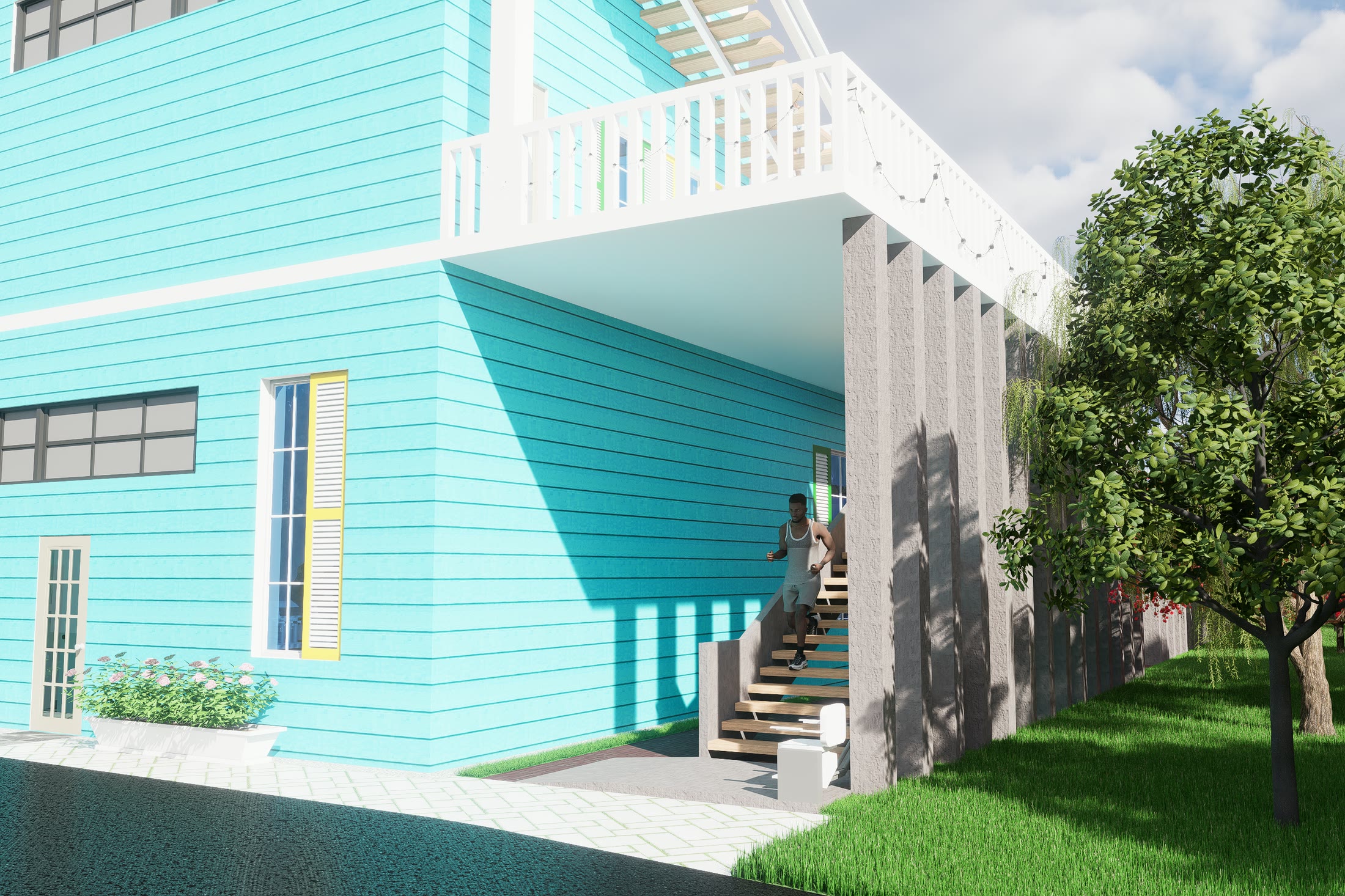 The teal restaurant structure with its open undercroft, external stair and the balcony wrapping the level above