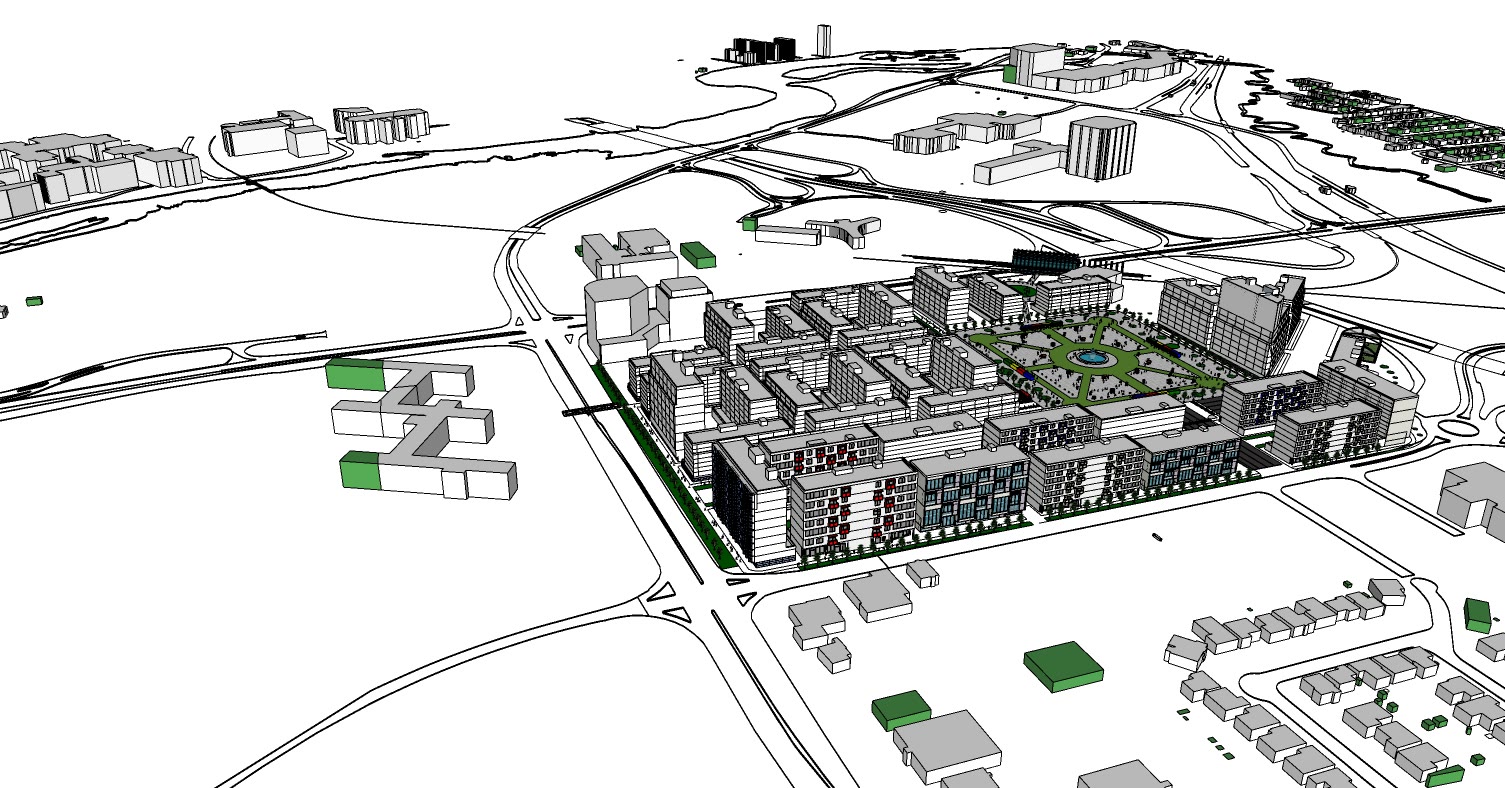 The same view with the proposal in place, the blocks completing the street edges and the open space held at the centre