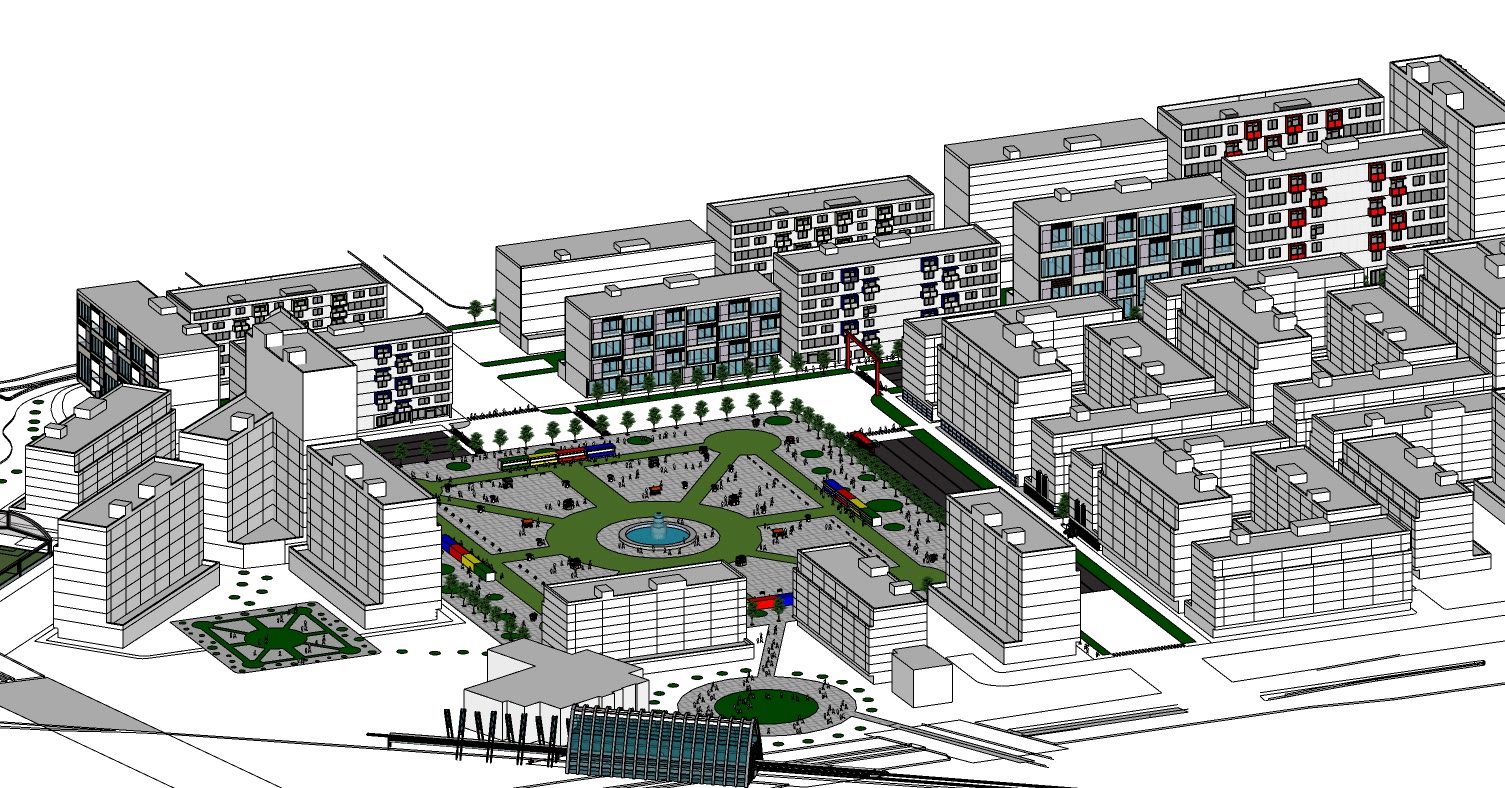 Axonometric of the district with the blocks in white massing, the planted courtyards between them and the open space at the centre