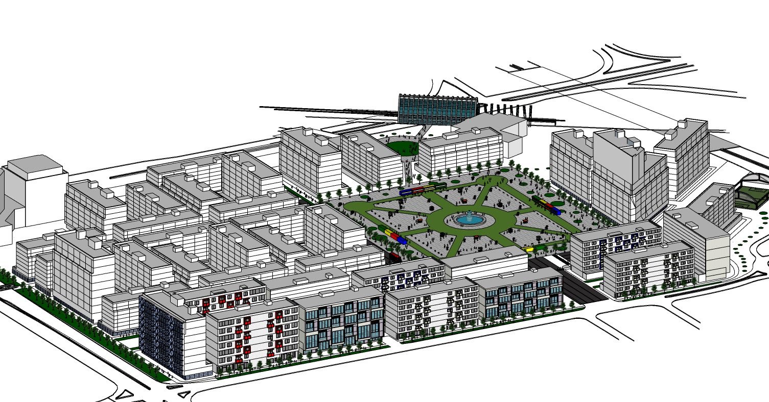 The district from the opposite corner, the mid-rise heart and the market frontages reading against the taller perimeter