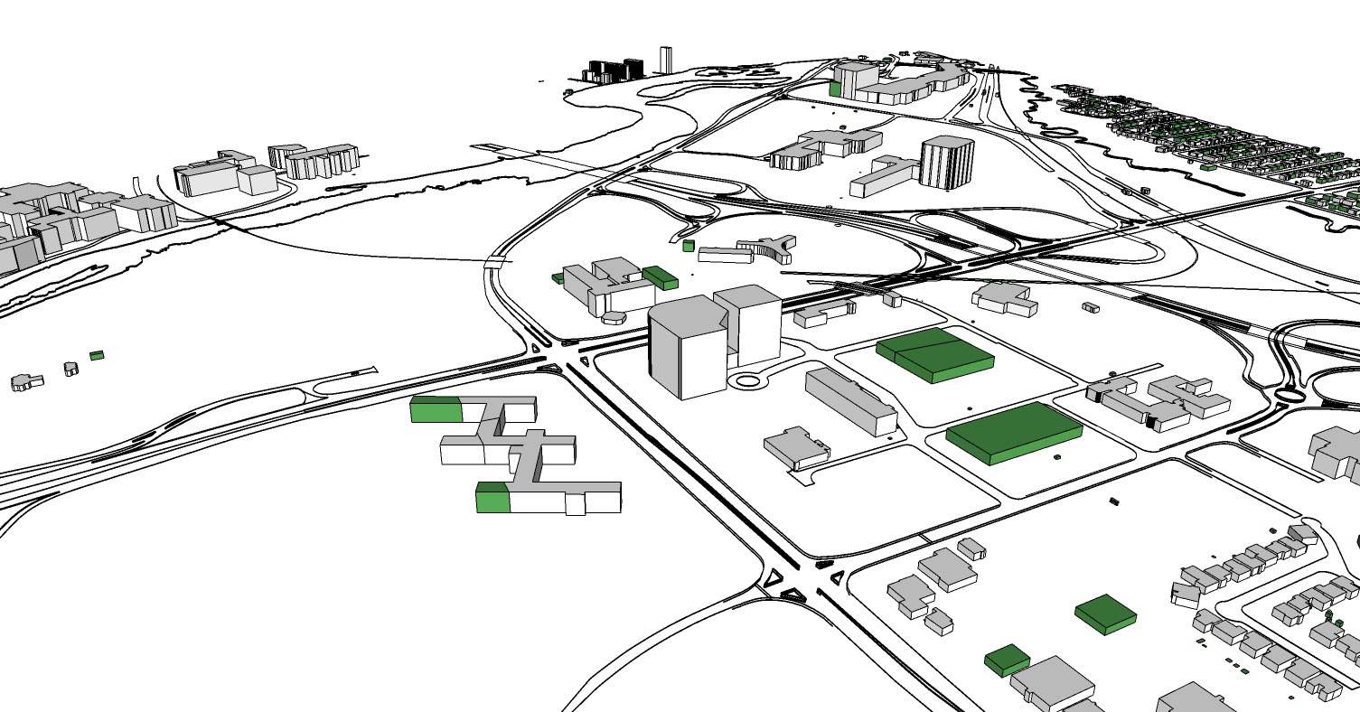 The existing condition in context, a scatter of large single buildings surrounded by roads and open ground