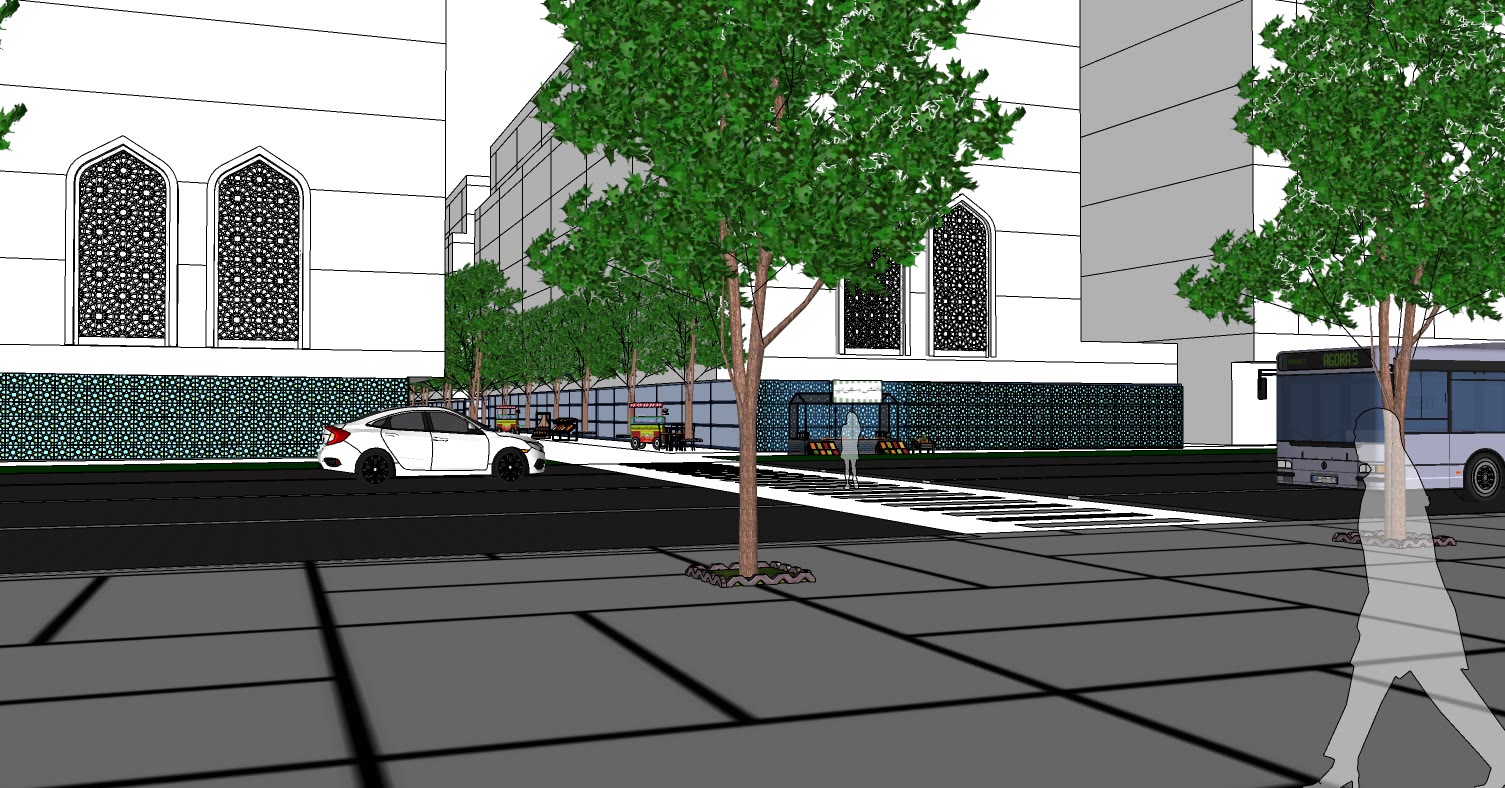 Street level view along the market frontage with the arched openings, a bus at the kerb and street trees over the pavement