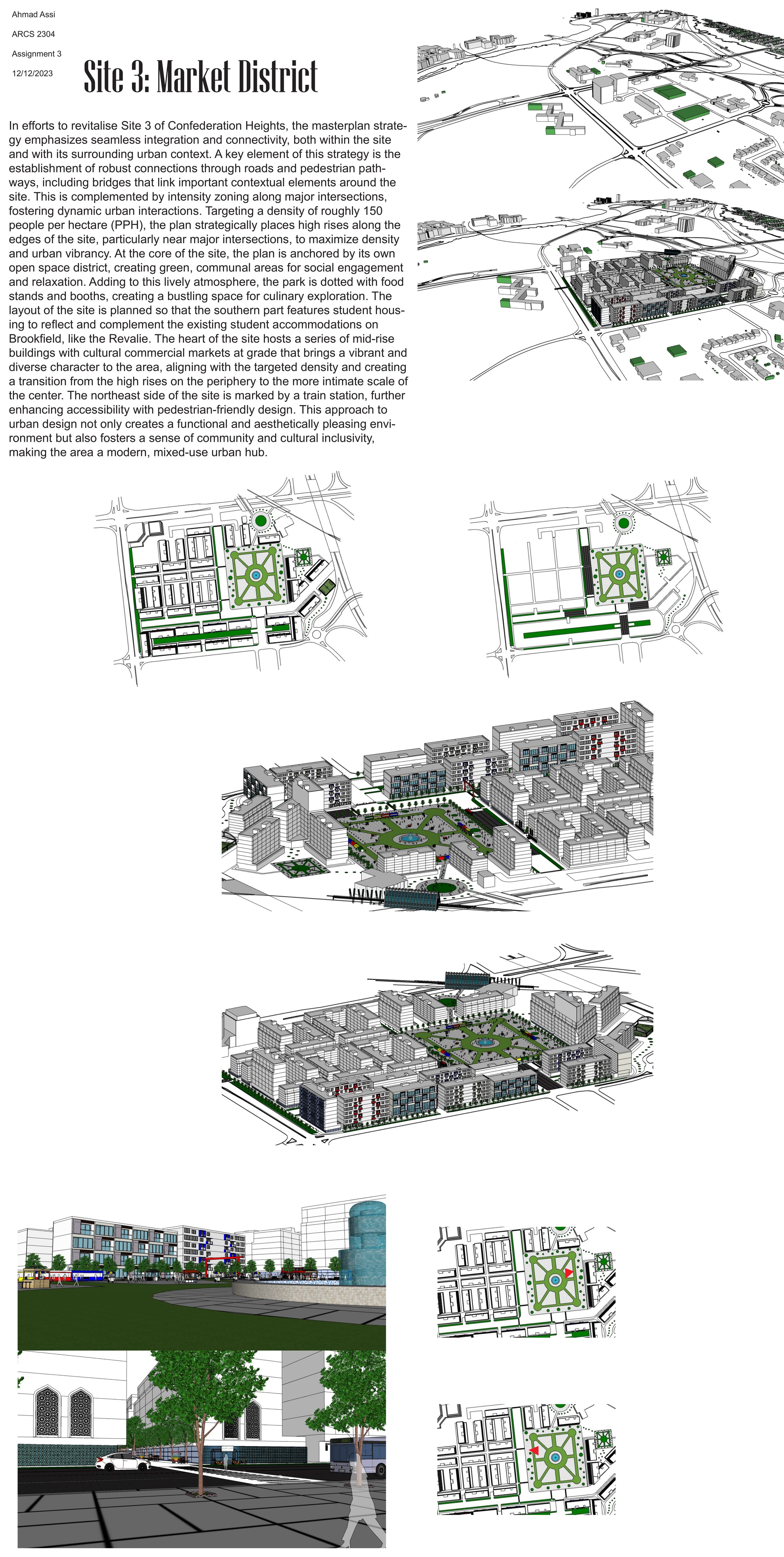 The full Site 3 Market District sheet, carrying the written strategy, the context axonometrics, the before and after comparison and the street level views