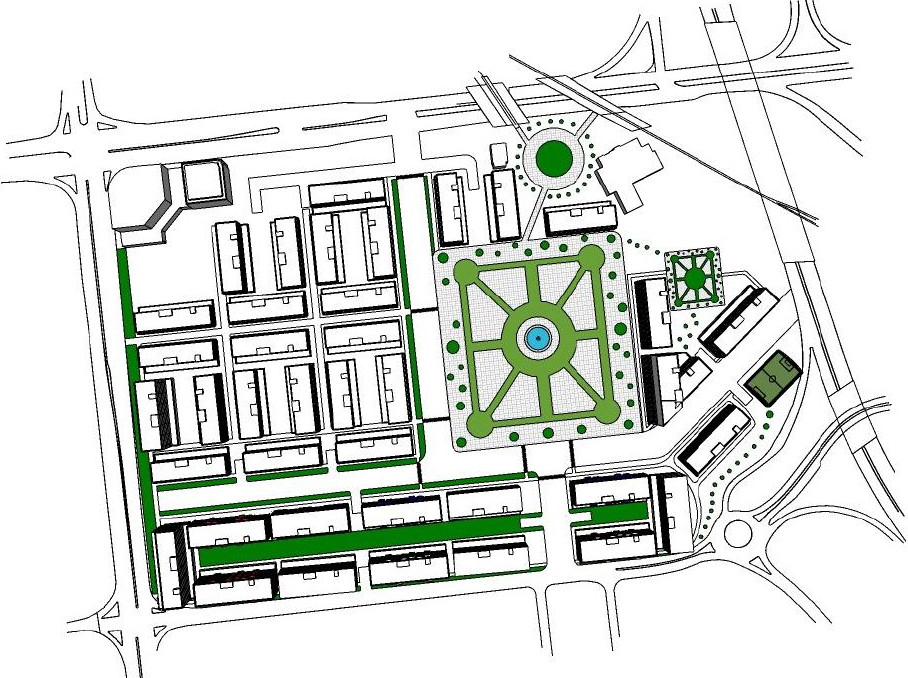 Site plan of the district as proposed, the central square with its radiating paths set against the surrounding block structure