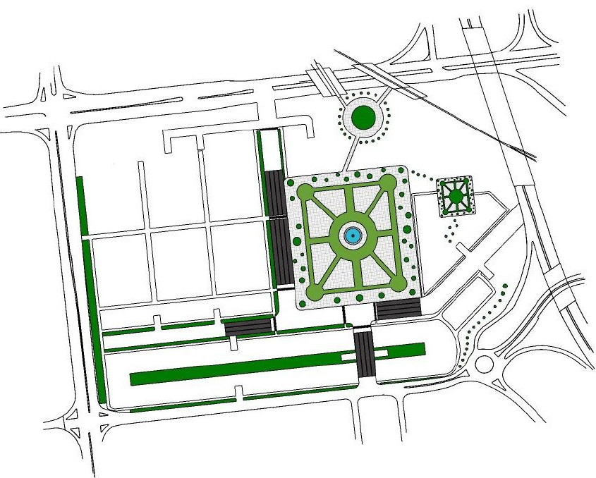 The same plan drawn as blocks only, showing the grain of the proposed development against the existing road pattern