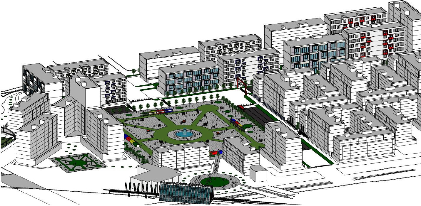 Axonometric of the central square with its fountain, radiating paths and market stalls, ringed by mid-rise blocks with the train station in the foreground