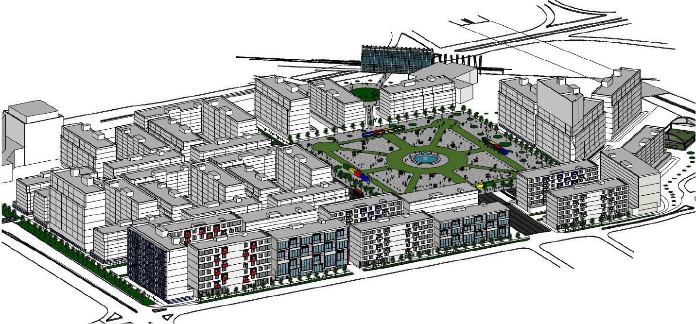 Wider axonometric of the whole site showing the transition from high rise at the periphery to mid-rise around the square