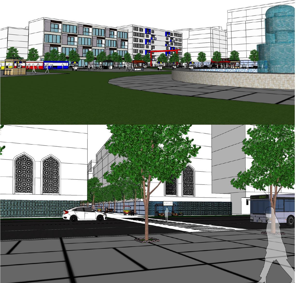 Two street level views, the market frontage under the trees and the corner where the mosque meets the new block