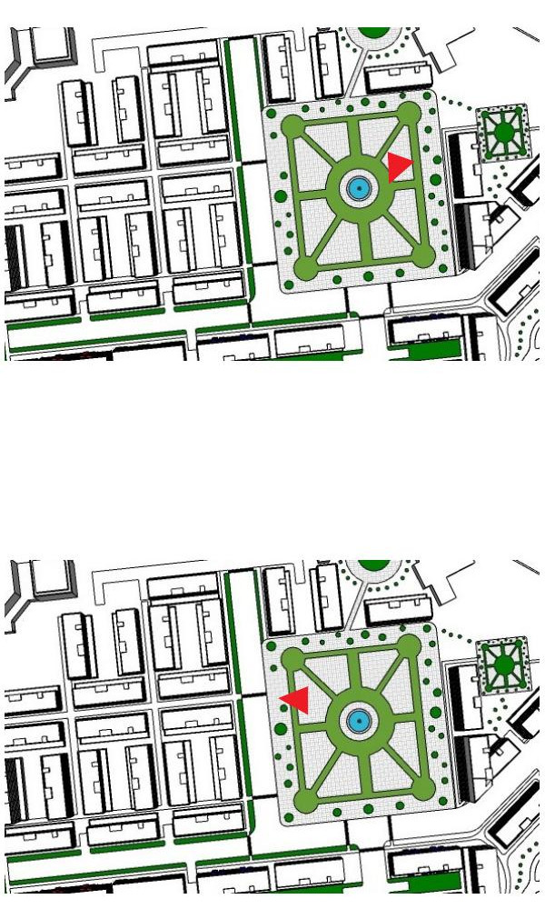 Two detail plans of the square, keyed to show the planting, the paving pattern and the food stall positions