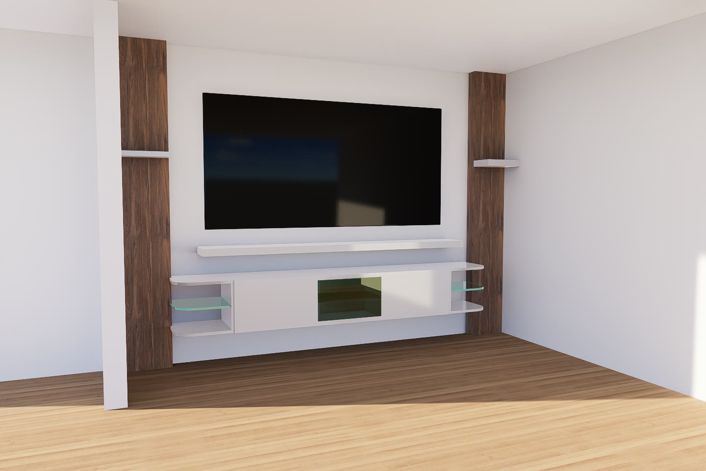 The media wall in daylight, showing the white carcasses, the tinted glass door, the timber flanking panels and the floating shelf under the television