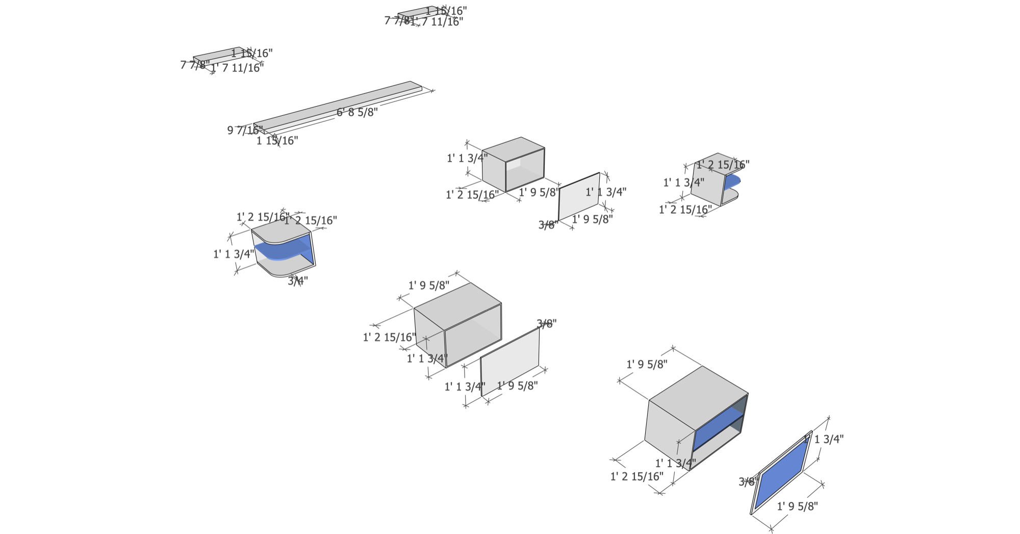 The same exploded axonometric dimensioned in feet and inches for the build
