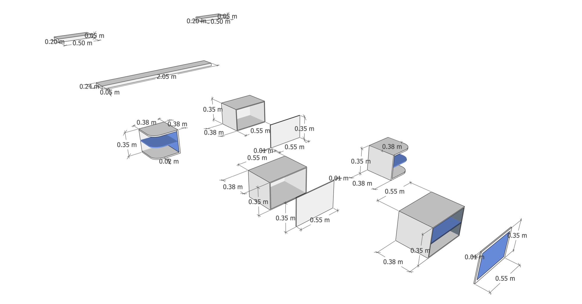 Exploded axonometric of every component with dimensions in metres, showing the shelves, the three carcasses, their back panels, the two end units and the glass